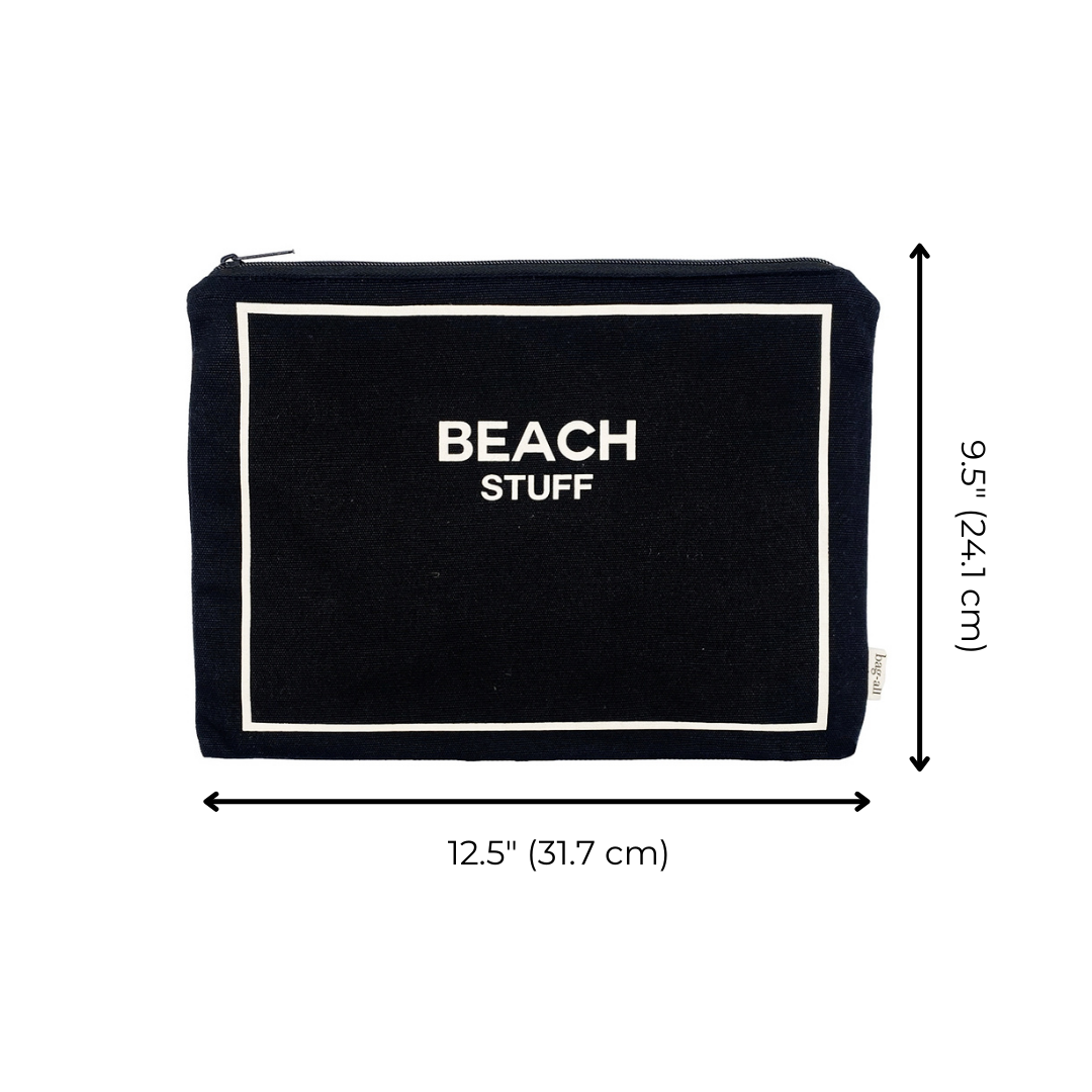 Bag-all Monogram Beach Pouch in black cotton with white trim, featuring "BEACH STUFF" text and waterproof lining, perfect for organizing beach essentials, 12.5" x 9.5