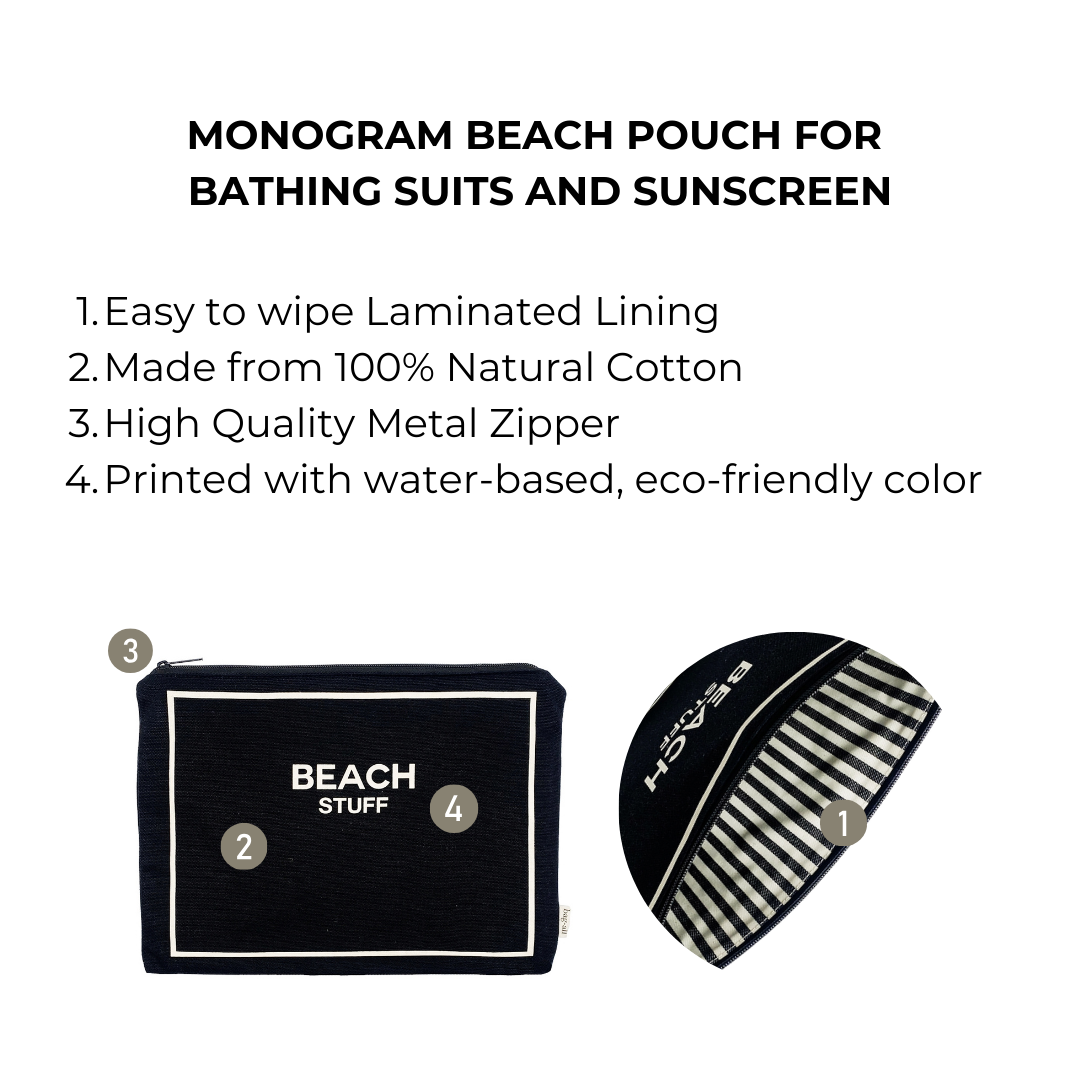 Bag-all Monogram Beach Pouch in black cotton with waterproof lining and metal zipper for bathing suits and sunscreen storage, featuring Beach Stuff text print