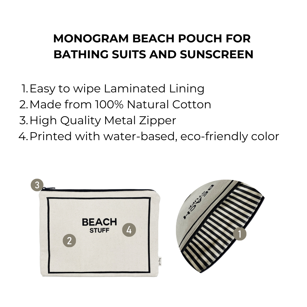 Bag-all Monogram Beach Pouch in cream cotton with waterproof lining and metal zipper, featuring 'Beach Stuff' print and striped design, perfect for organizing bathing suits and sunscreen