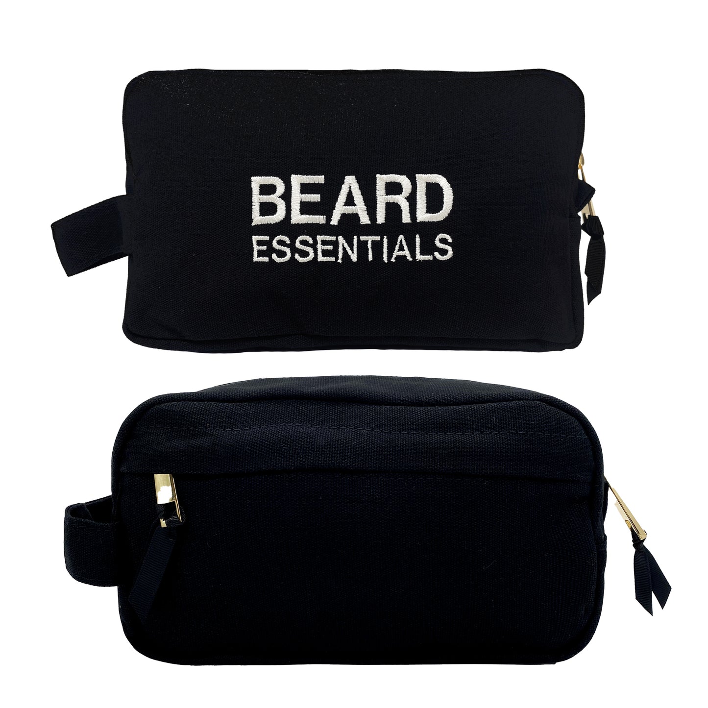 Black Bag-all Beard Essentials pouch with white embroidery and gold zipper angled to show front and back views