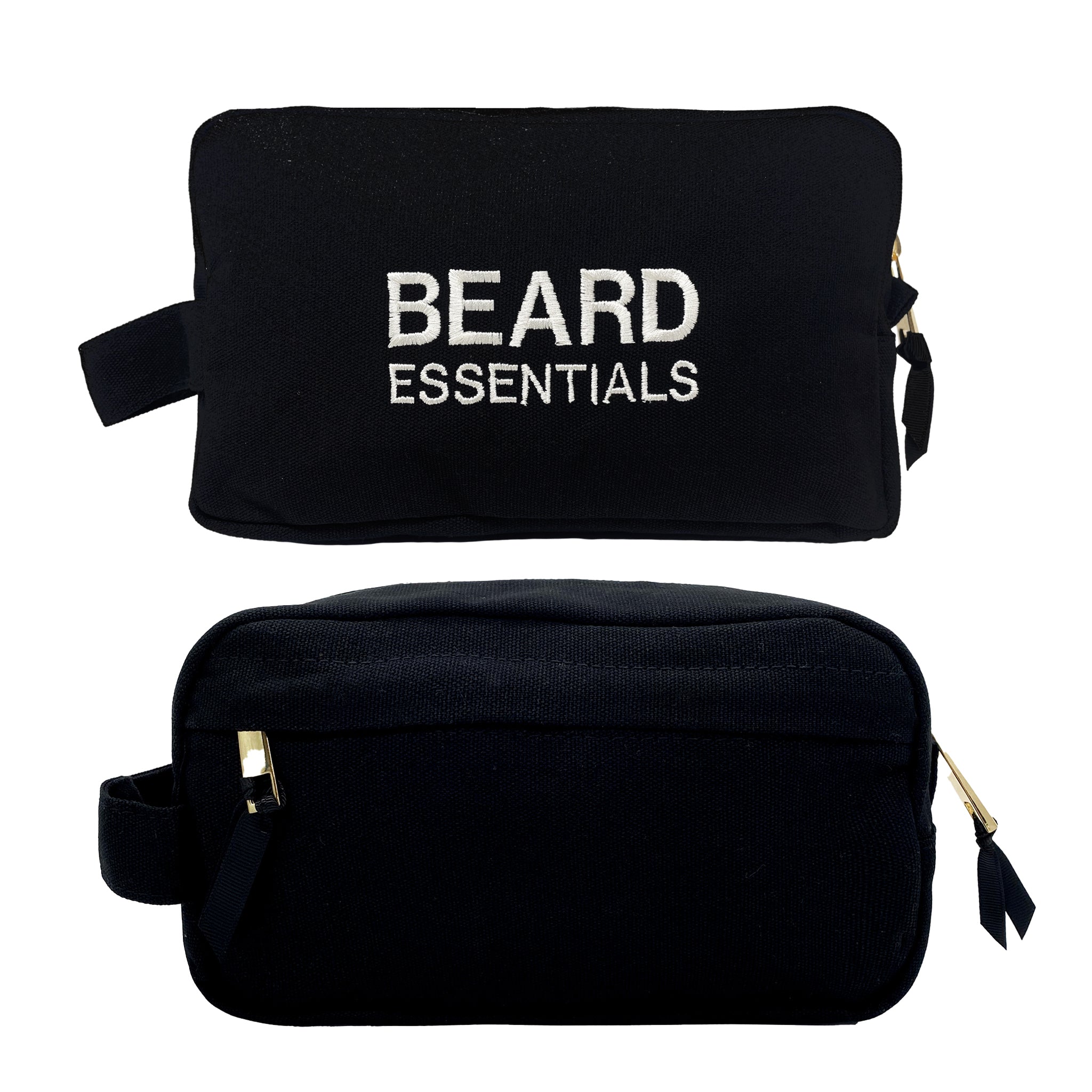 Black Bag-all Beard Essentials pouch with white embroidery and gold zipper angled to show front and back views