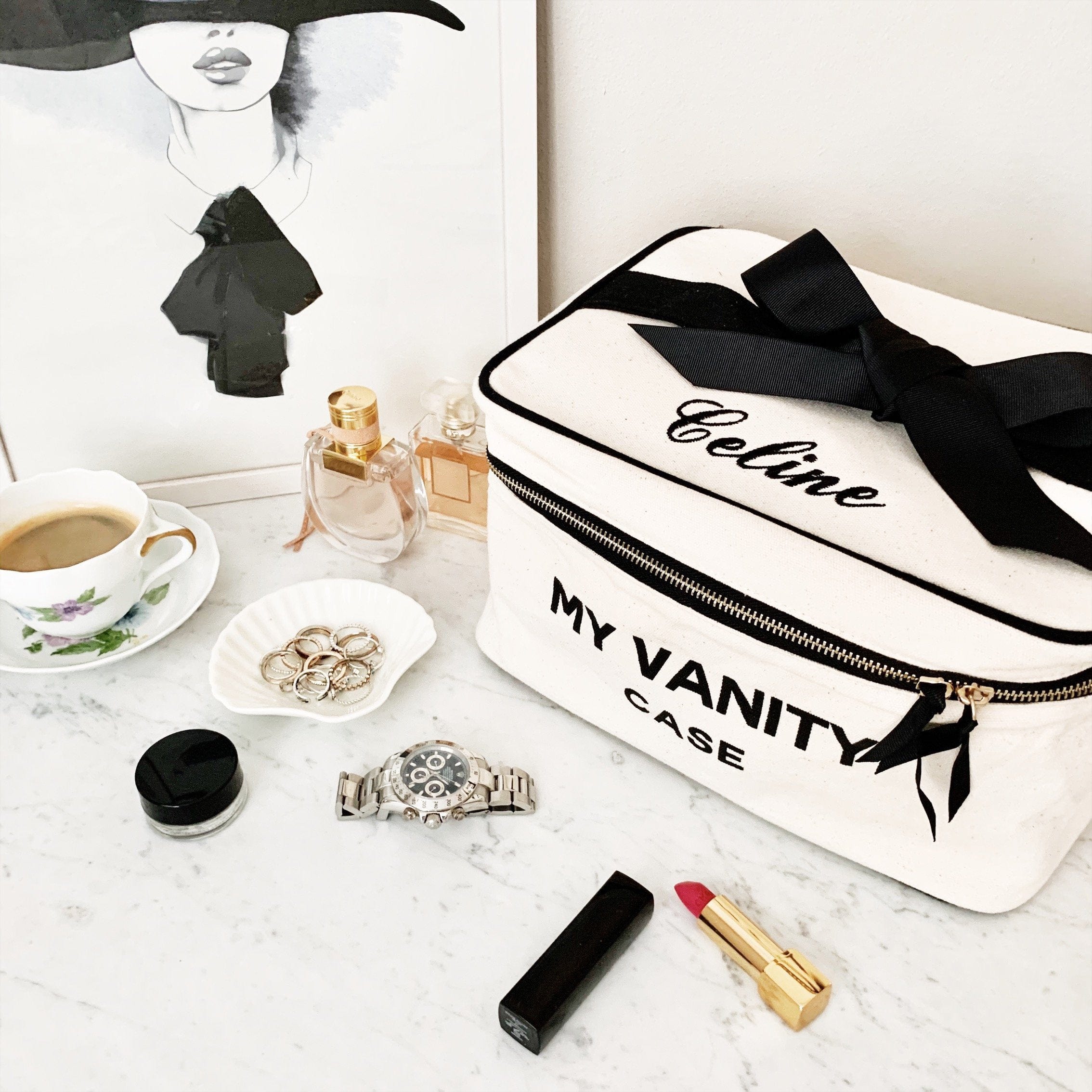 Cream Bag-all My Vanity Large beauty box with black bow on marble table with watch lipstick and coffee nearby