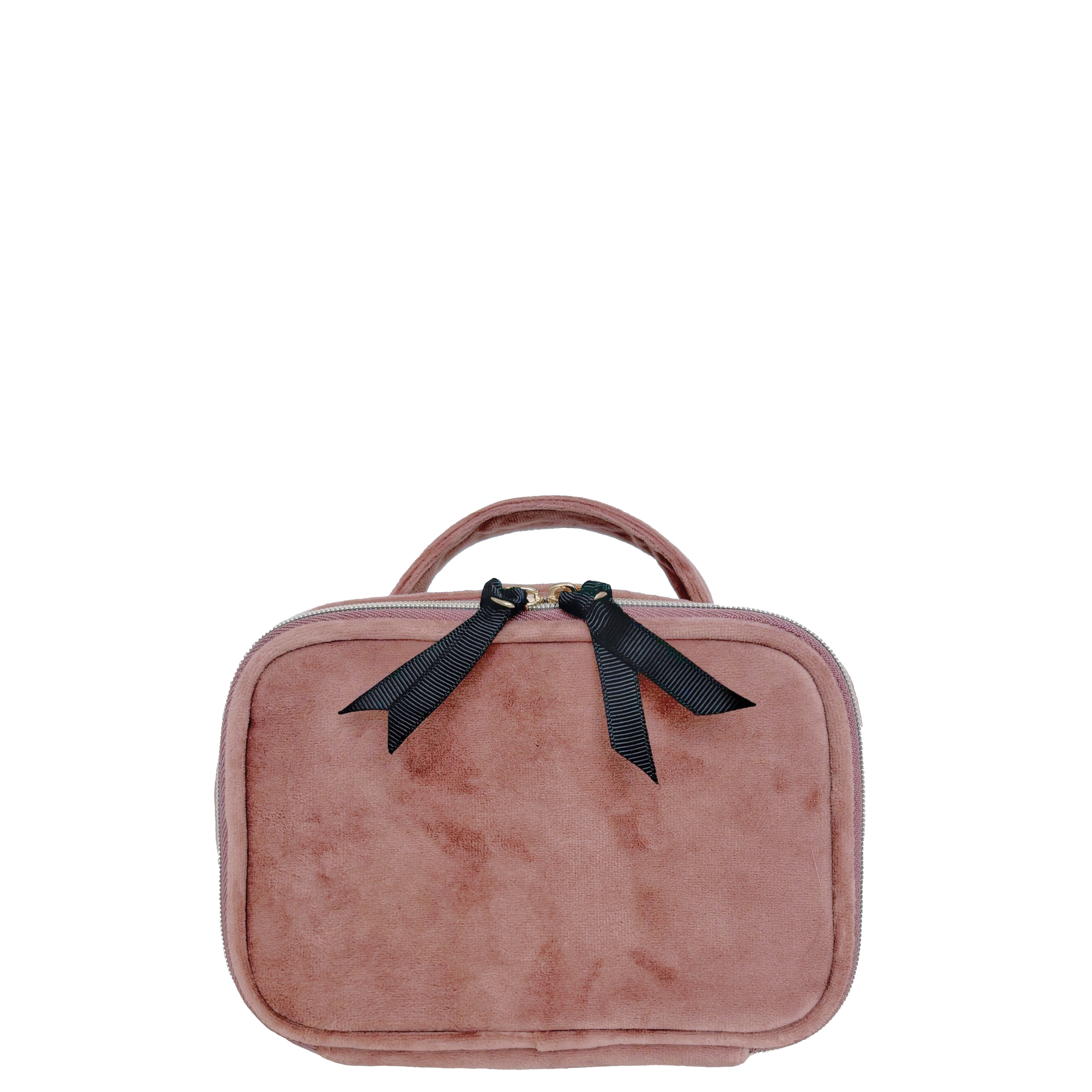 Bag-all Pink Velvet Pill Box with Handle & Weekly Organizer featuring black bow detail, sustainable eco velvet material, compact design for portable medication storage