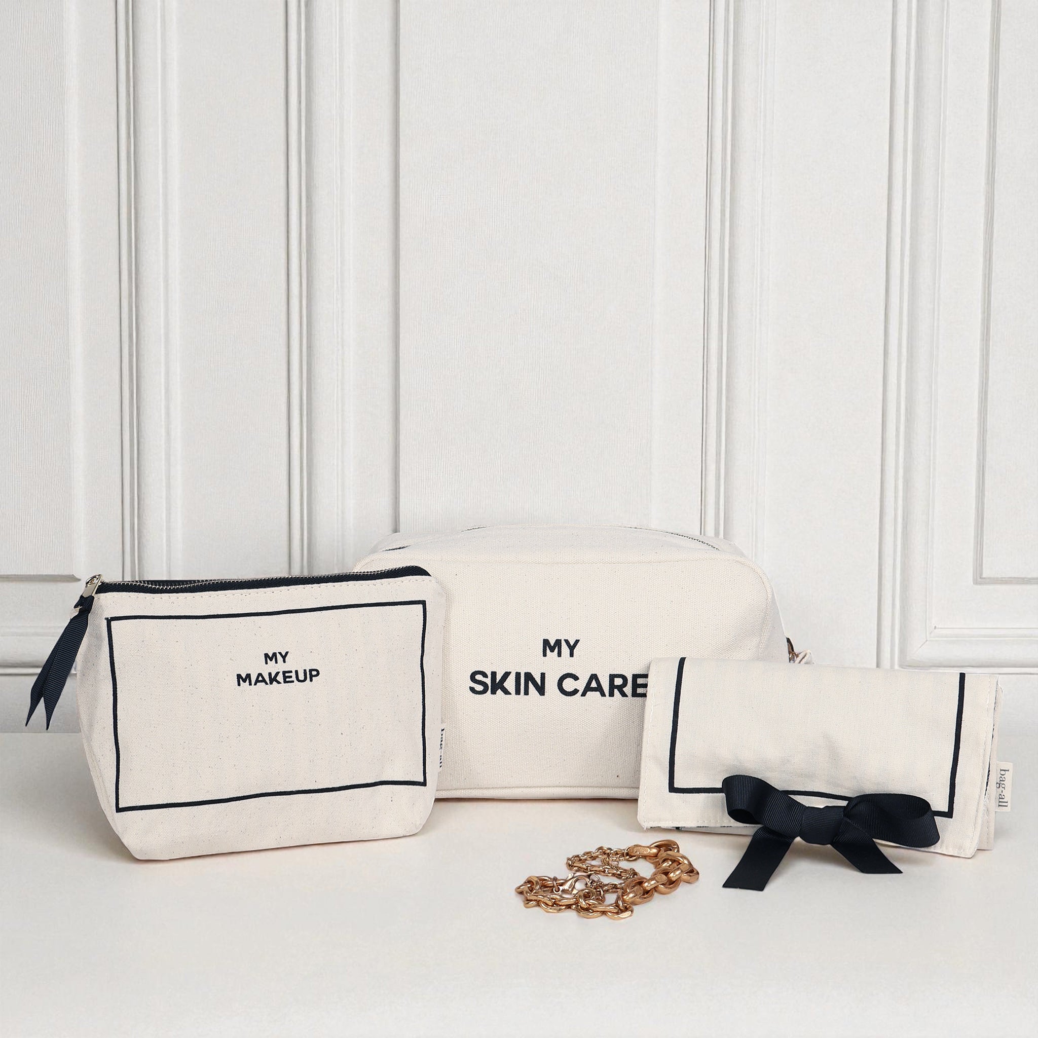 Beauty Lover Gift Set, 3-Pack Makeup, Skincare & Jewelry Organizers, Cream featuring Bag-all’s personalized cotton bags for stylish travel organization and gifts.
