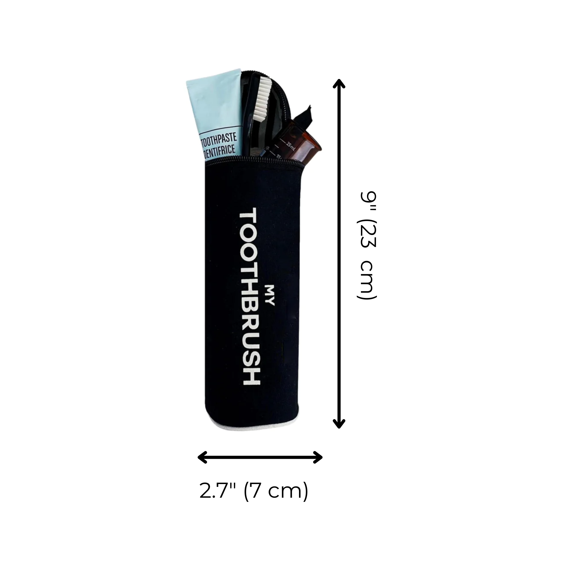Bag-all Black Toothbrush Travel Case with white text, cylindrical design, metal zipper, showing toothbrush and toothpaste inside, 9.1 x 2.7 inches dimensions