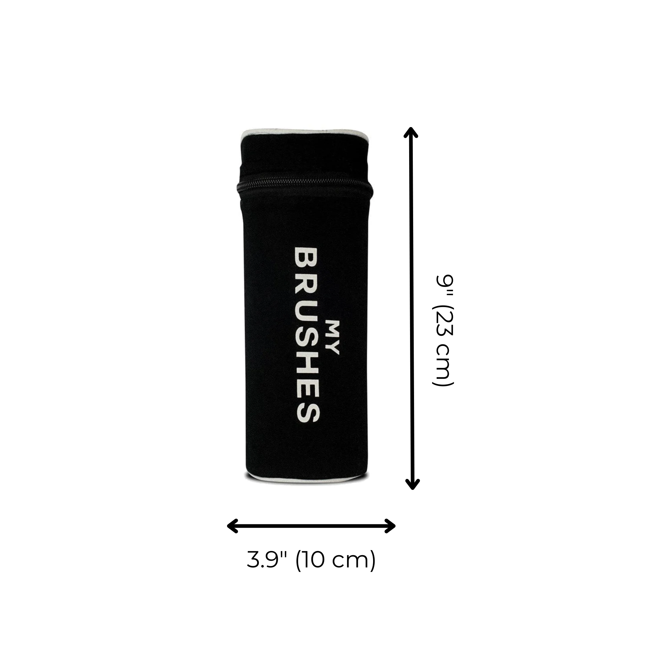 Bag-all Brushes Cylinder Case in black canvas, featuring white text print, 22cm height and 10cm width, perfect for storing makeup and hair brushes