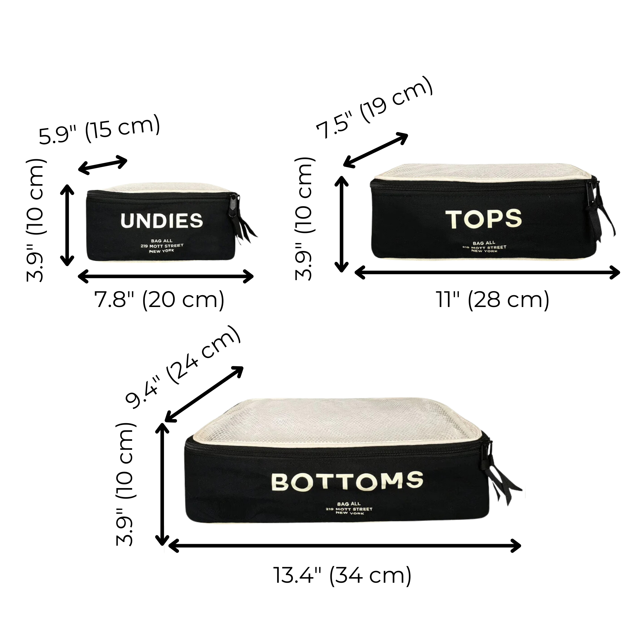 Bag-all Cotton Packing Cubes in black with white text, showing three sizes: UNDIES (20x10cm), TOPS (28x10cm), and BOTTOMS (34x10cm). Black fabric with mesh top and zipper closure.