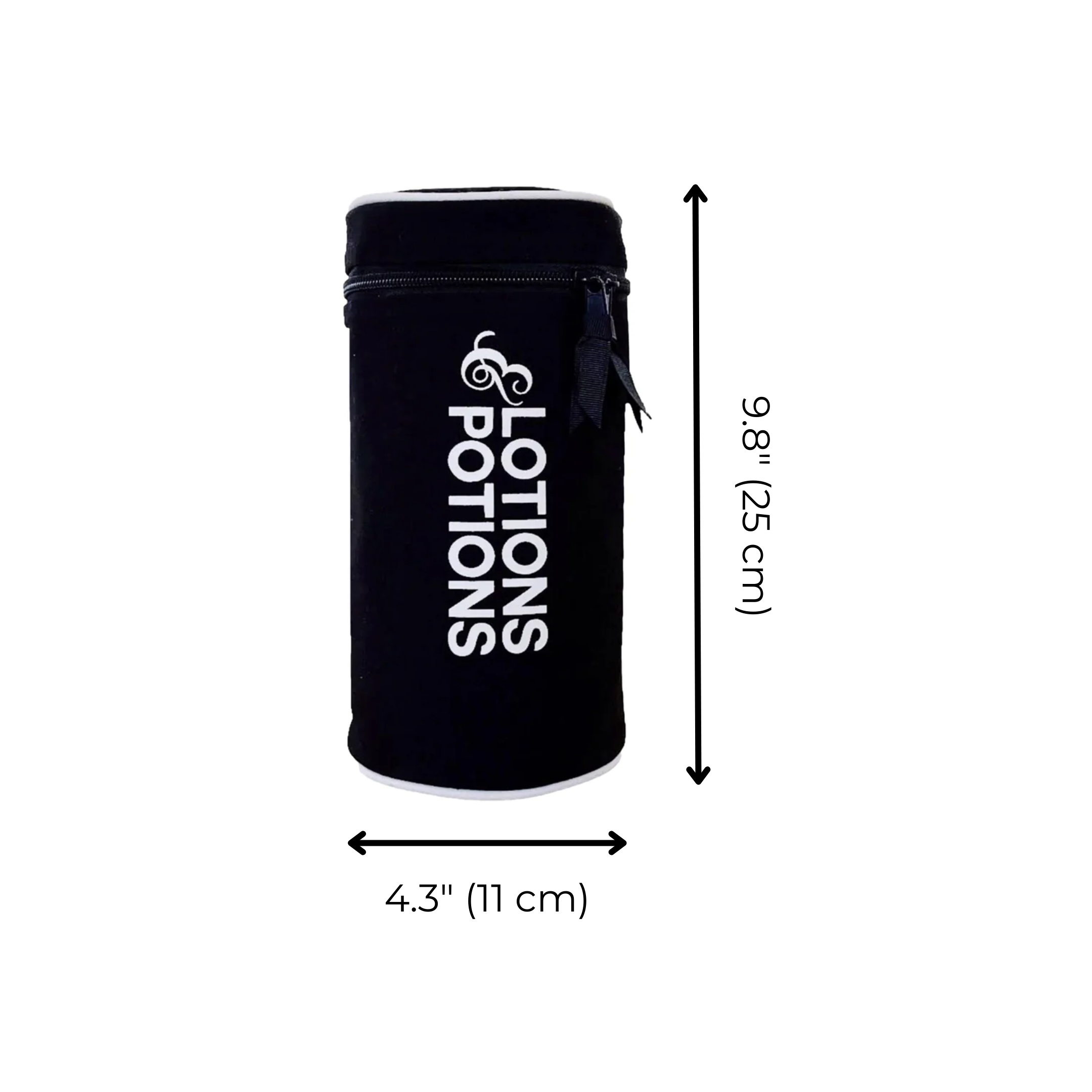 Bag-all Lotions & Potions black waterproof travel case, cylindrical design with white logo, measuring 25cm height and 11cm width, perfect for organizing toiletries