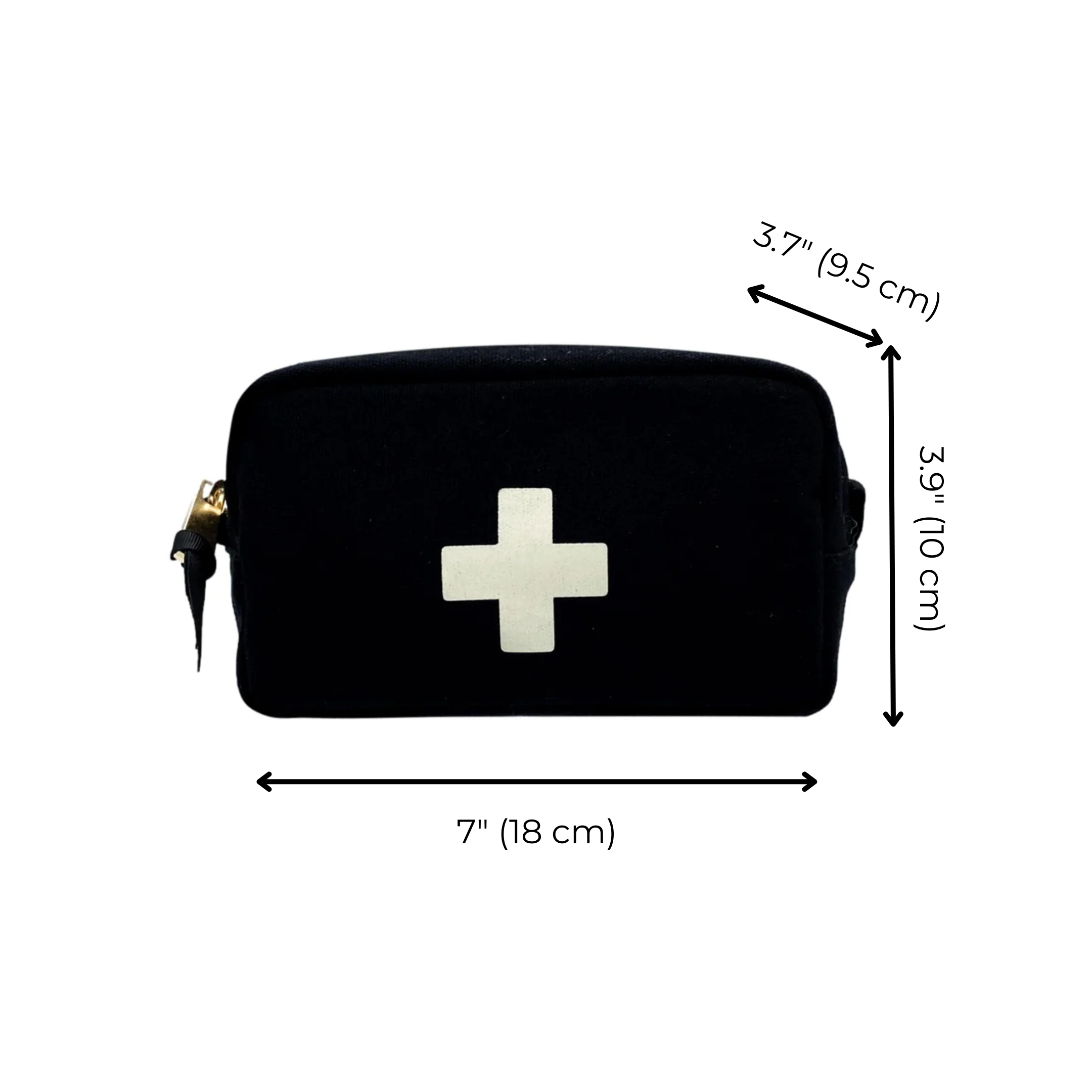 Bag-all First Aid Organizing Pouch in black cotton with white cross emblem, zippered closure, compact size 7x3.9x3.7 inches, perfect for medical supplies and travel