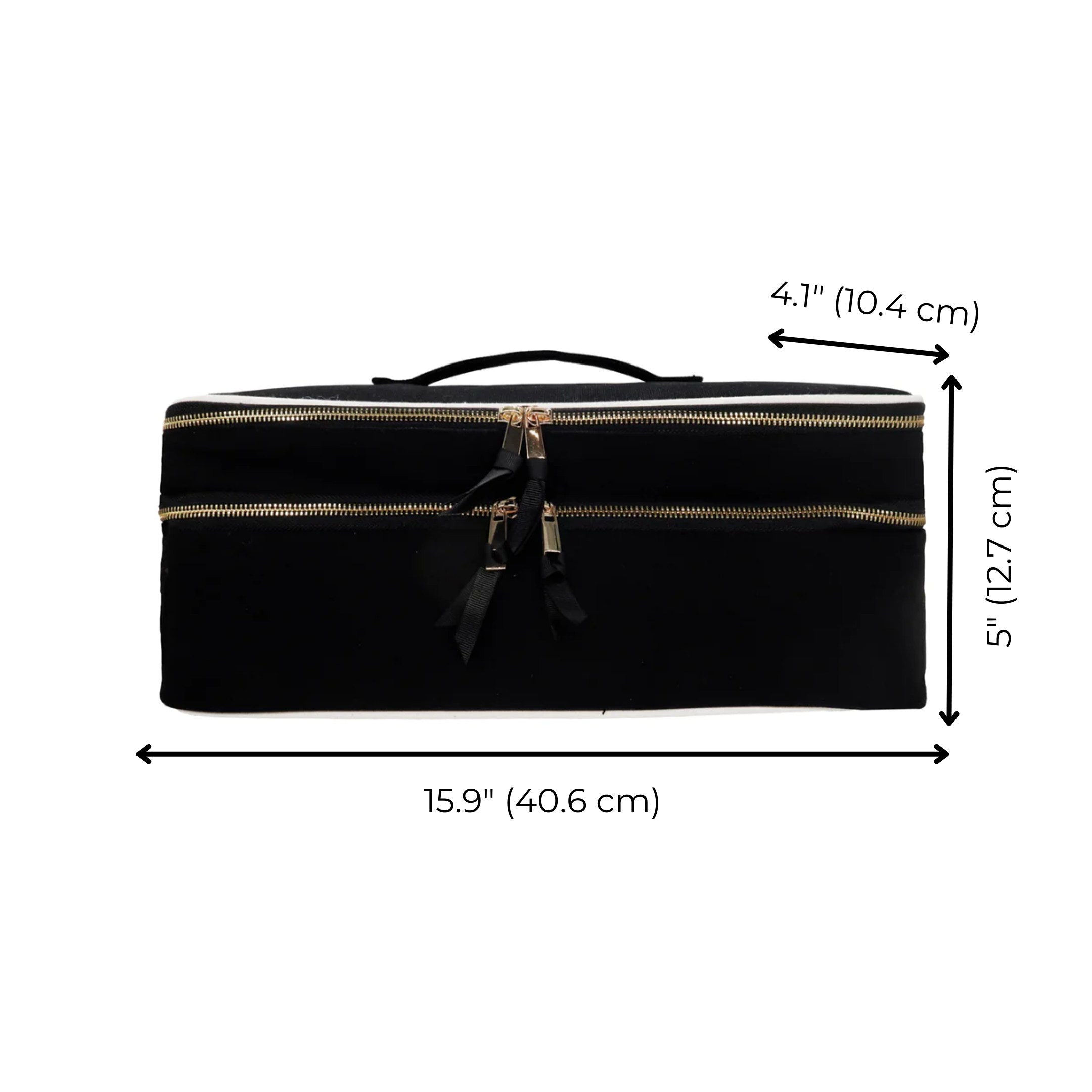 Bag-all Double Hair Tools Travel Case in black with dual compartments, heat-protective lining, and gold zippers, measuring 15.9 x 5 x 4.1 inches, perfect for Dyson Airwrap storage