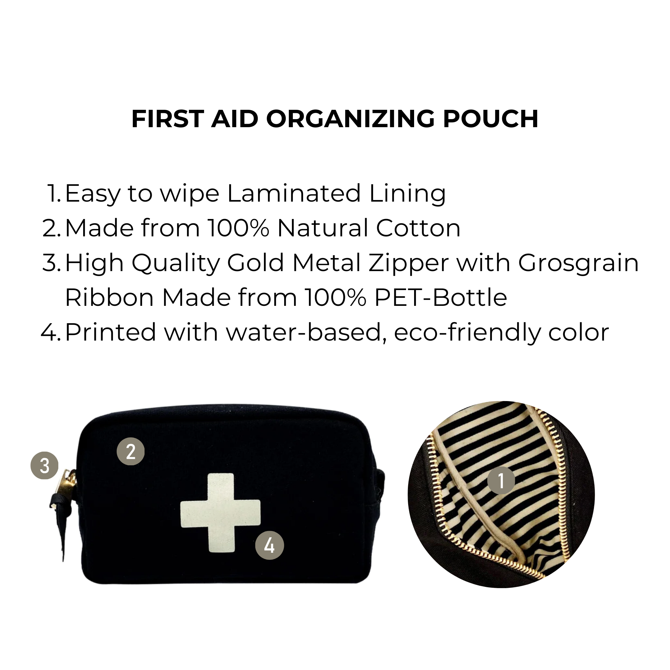 Bag-all First Aid Organizing Pouch in black cotton with laminated interior, gold zipper, and striped lining - perfect for medicine storage and travel essentials