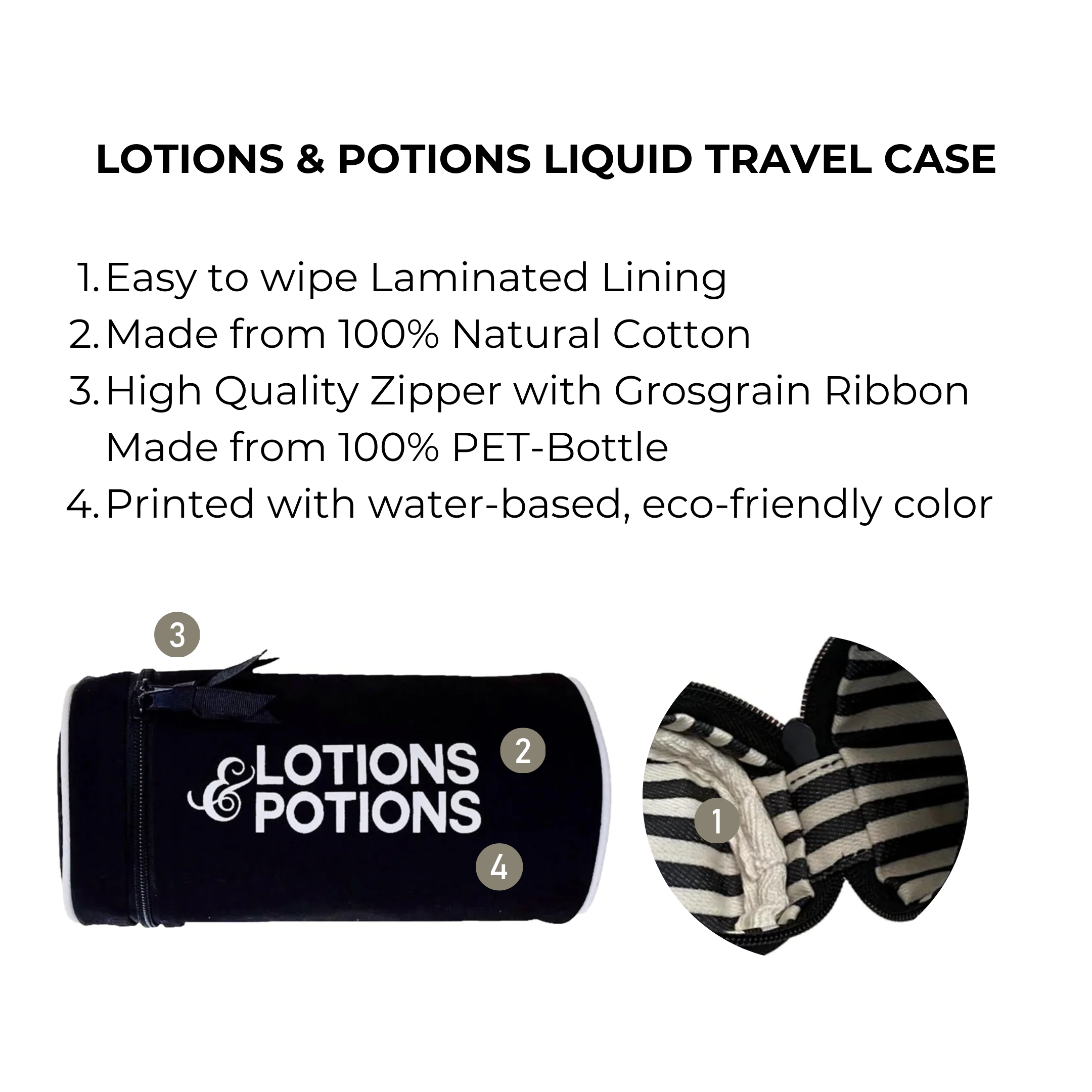 Bag-all Lotions & Potions Liquid Travel Case in black with waterproof lining, natural cotton exterior, and eco-friendly design - perfect for organizing toiletries and skincare products