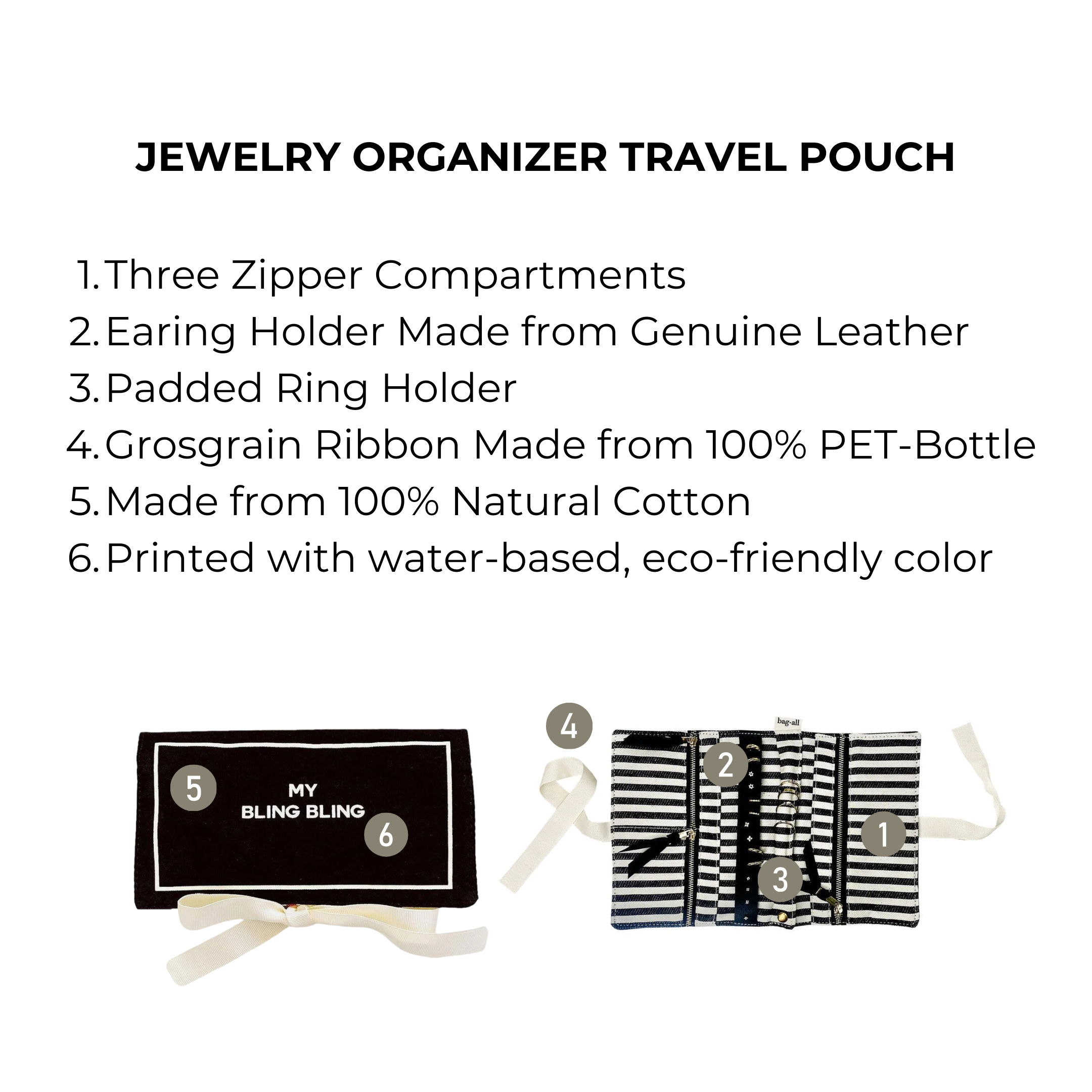 Deal Gift Set for Her, 3-pack, Black featuring a natural cotton jewelry organizer with genuine leather earring holder, padded ring section, and eco-friendly print by Bag-all.