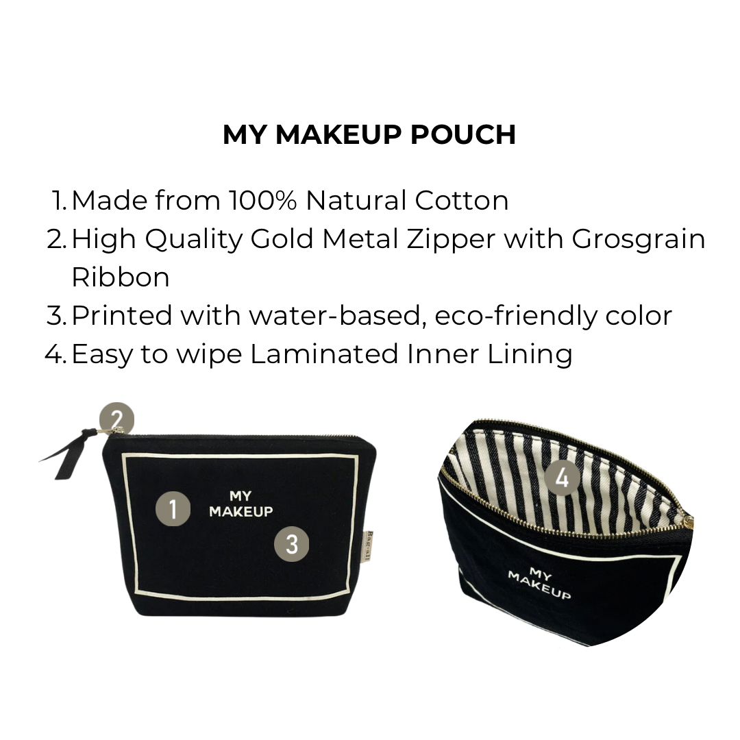Deal Gift Set for Her, 3-pack, Black featuring a natural cotton makeup pouch with gold zipper, eco-friendly print, and laminated striped lining by Bag-all.