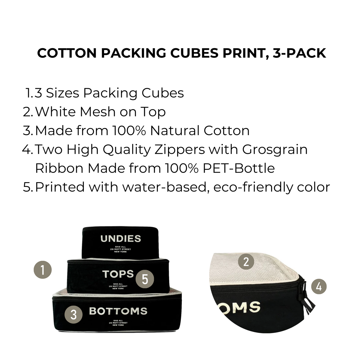 Bag-all Cotton Packing Cubes 3-pack in black with white mesh top, featuring labeled compartments for undies, tops, and bottoms - sustainable travel organizers with eco-friendly zippers