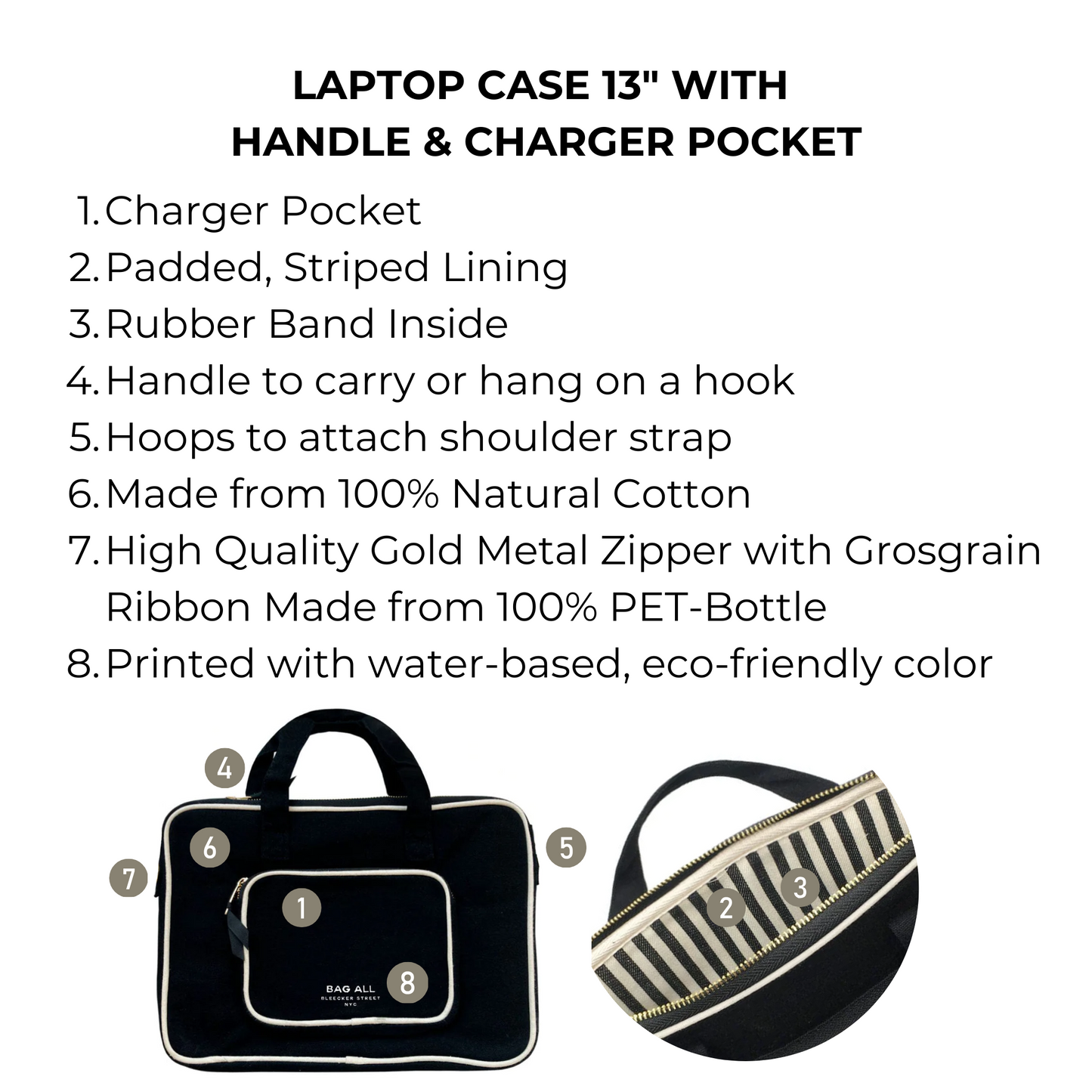 Bag-all black laptop case 13" with padded striped interior, front charger pocket, and carry handle. Features eco-friendly cotton construction and gold metal zipper with recycled ribbon pull.