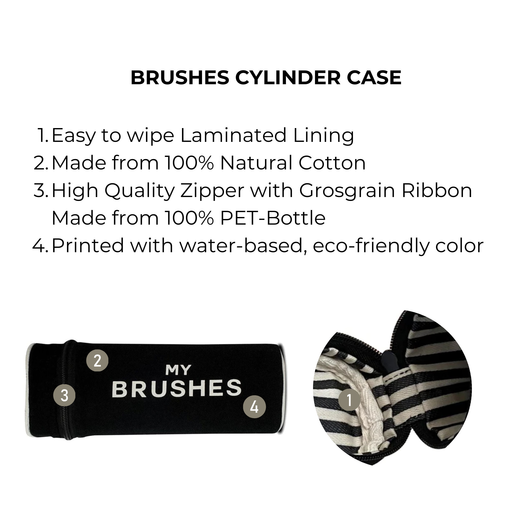Bag-all Black Brushes Cylinder Case - Eco-friendly cotton organizer with laminated lining, high-quality zipper, and water-based print for makeup and hair brush storage