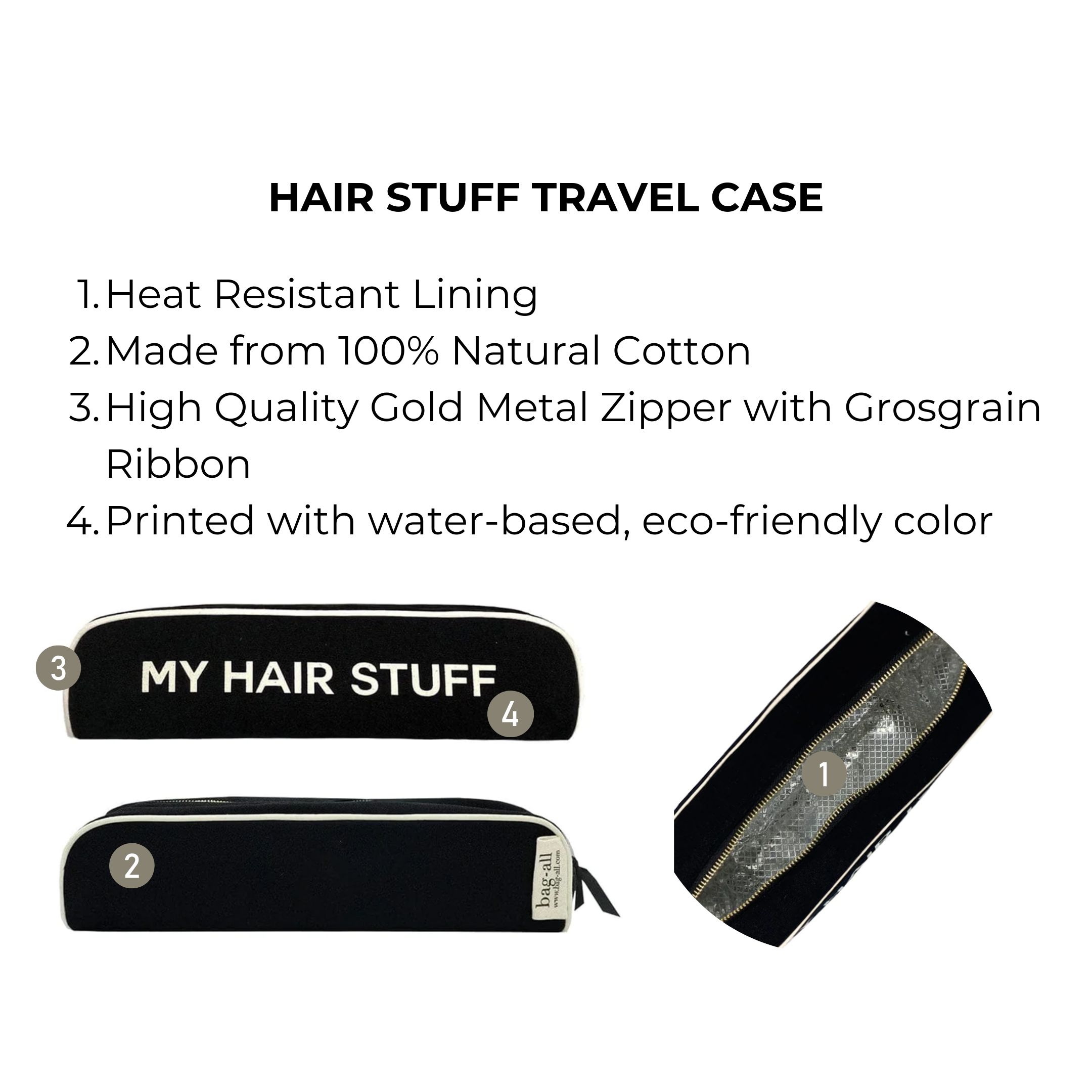 Bag-all Hair Stuff Travel Case in black featuring heat-resistant cotton lining, gold zipper, and eco-friendly print. Ideal for organizing styling tools and accessories.