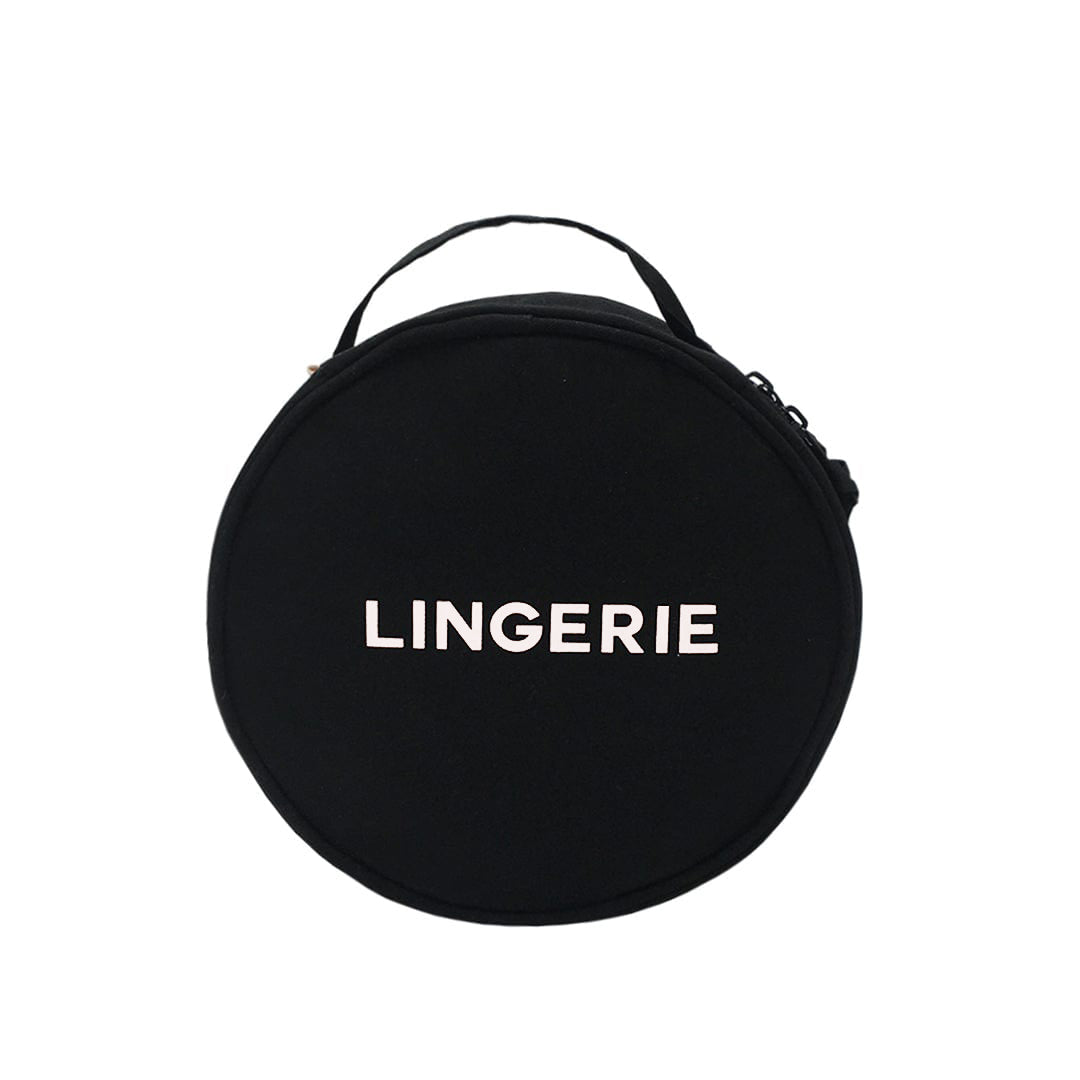 Black circular lingerie case with zipper and handle, white "LINGERIE" text, Bag-all travel organizer bag
