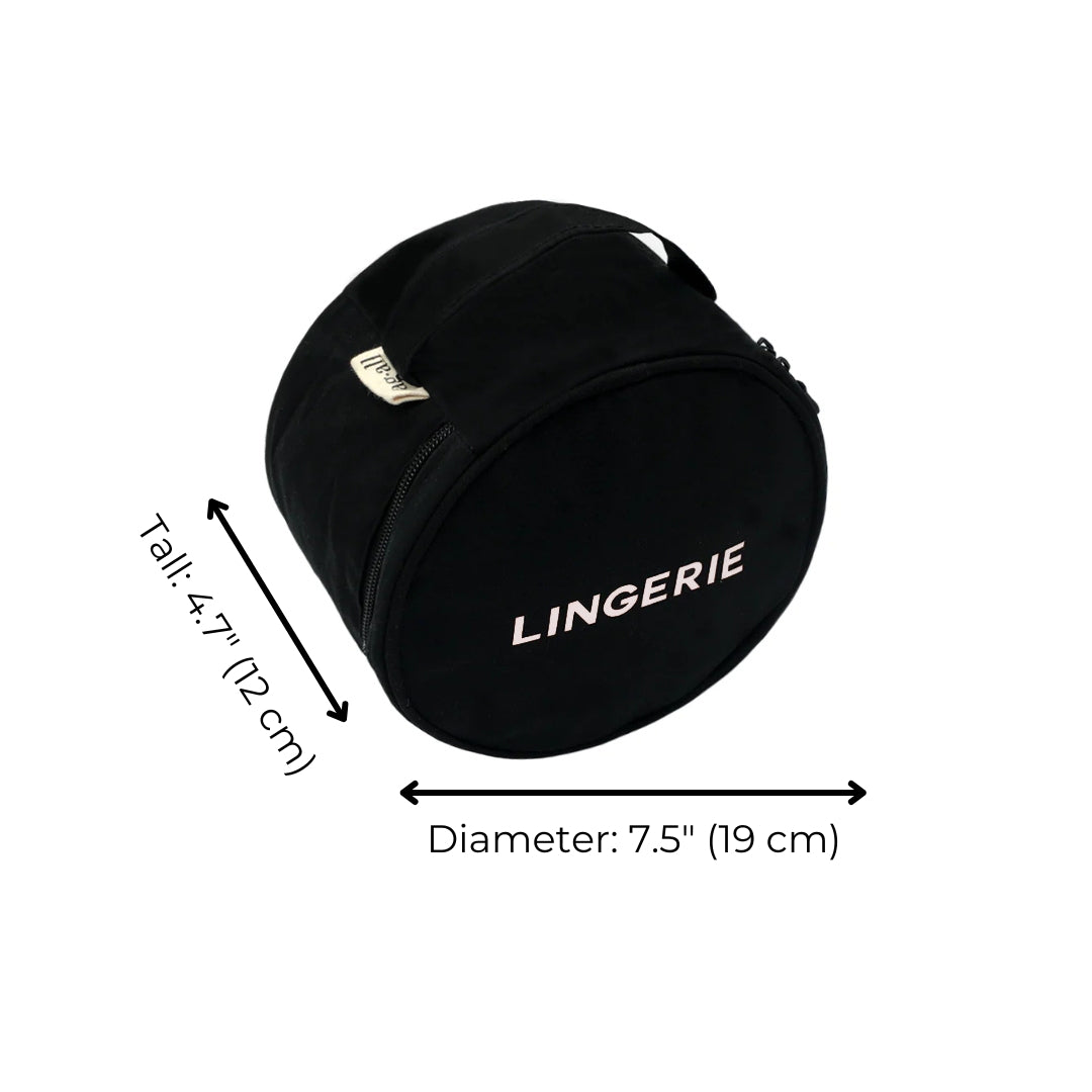 Black round lingerie case with handle and zipper featuring Bag-all logo and size dimensions on white background