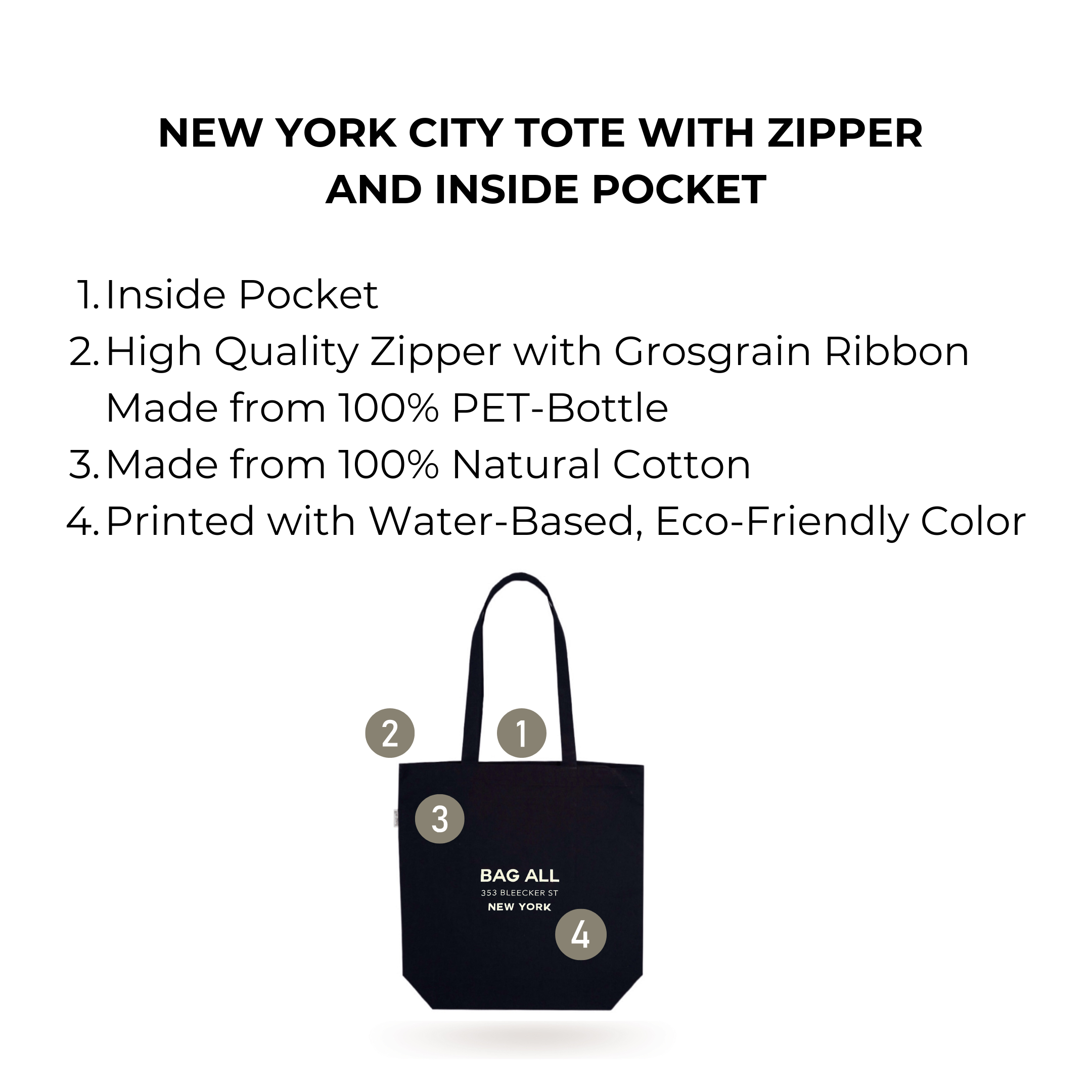 Bag-all New York City Tote with Zipper and Inside Pocket, black cotton eco-friendly tote featuring secure zipper closure, interior storage, and comfortable straps for everyday use