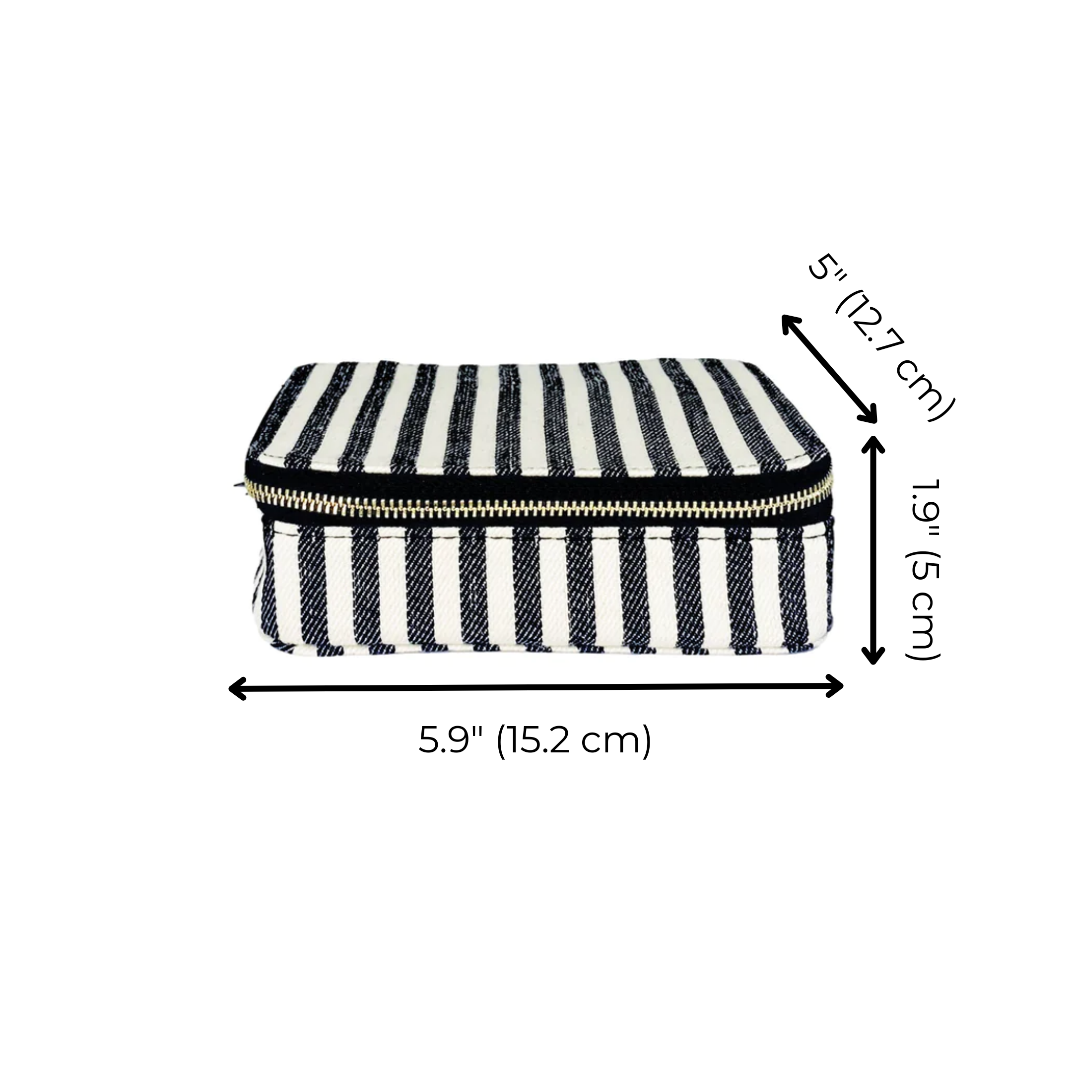 Bag-all Cosmetics/Trinket Box featuring classic black and white stripes, gold zipper closure, and coated lining. Measures 5.9 x 5 x 1.9 inches. Perfect for organizing makeup and small accessories.