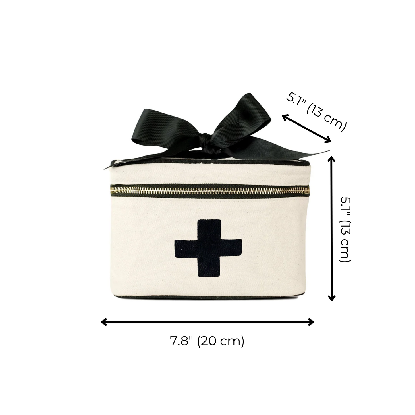 Bag-all Meds and First Aid Storage Box in cream cotton with black cross design, black bow accent, and zipper closure, showing product dimensions 7.8x5.1x5.1 inches