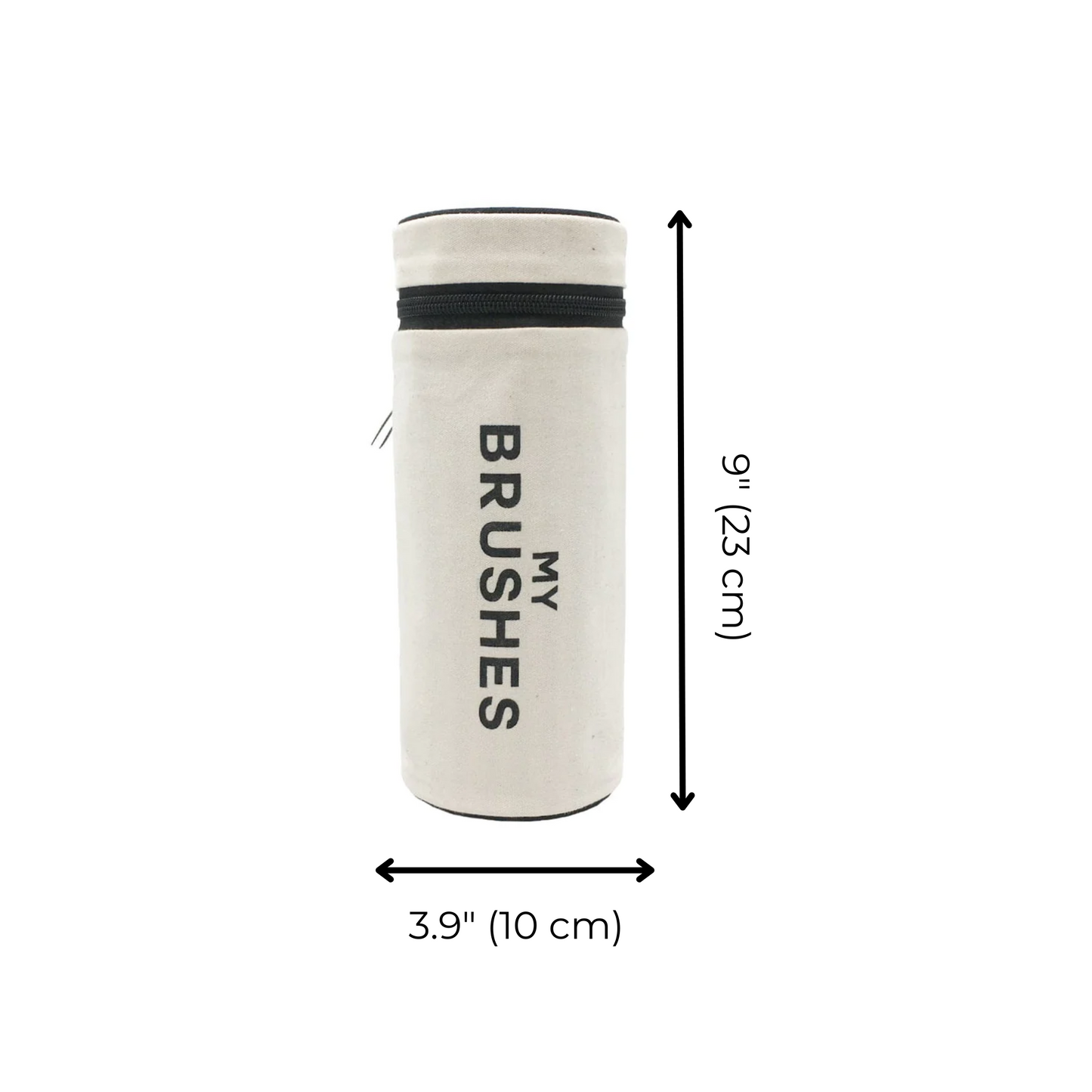 Bag-all Cream Cylinder Brushes Case - Stylish makeup brush organizer with black stripe detail and zipper closure, perfect for travel and storage
