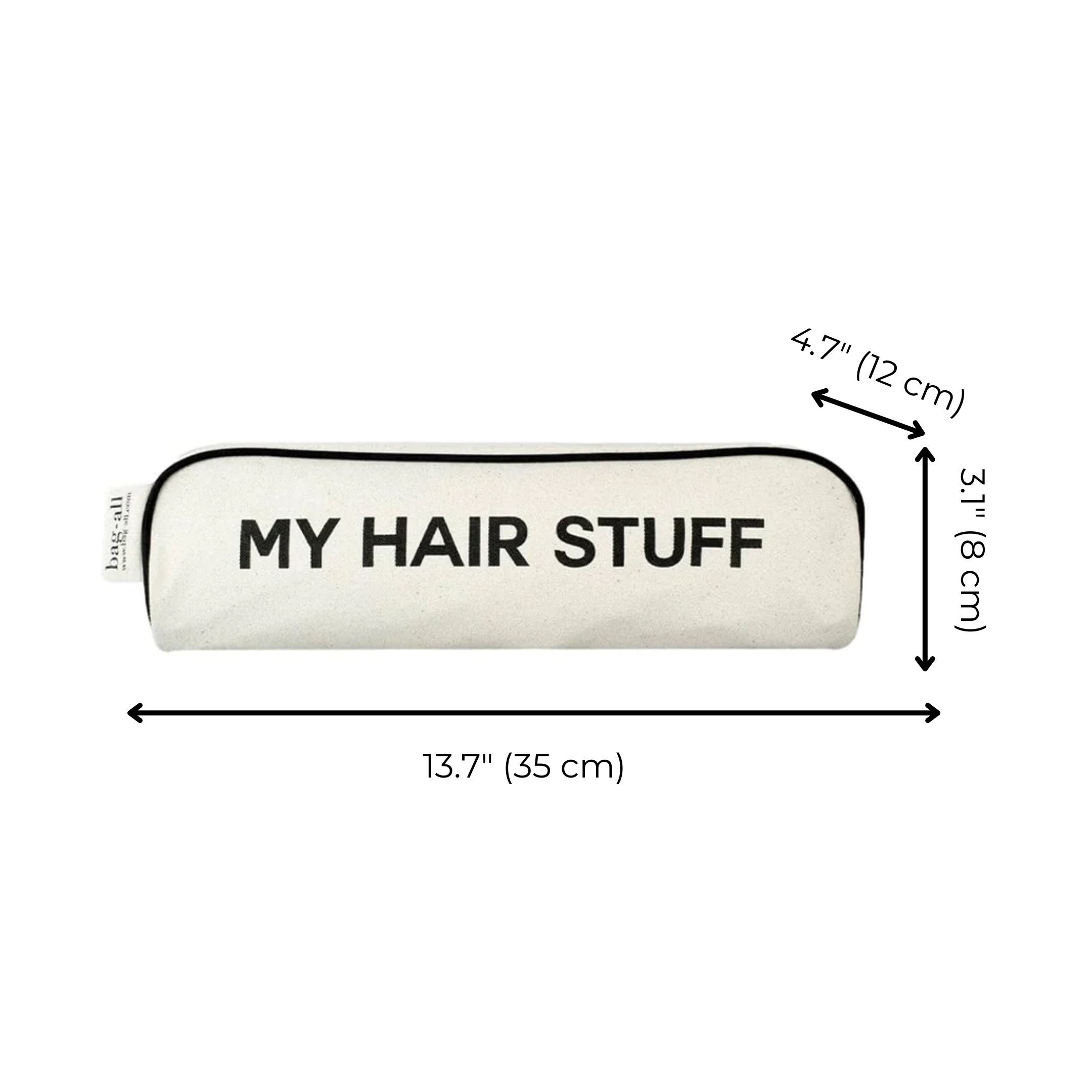 Bag-all Hair Stuff Travel Case in cream with black text, featuring dimensions 35cm x 8cm x 12cm. Perfect organizer for hair tools and accessories with heat-resistant cotton material.