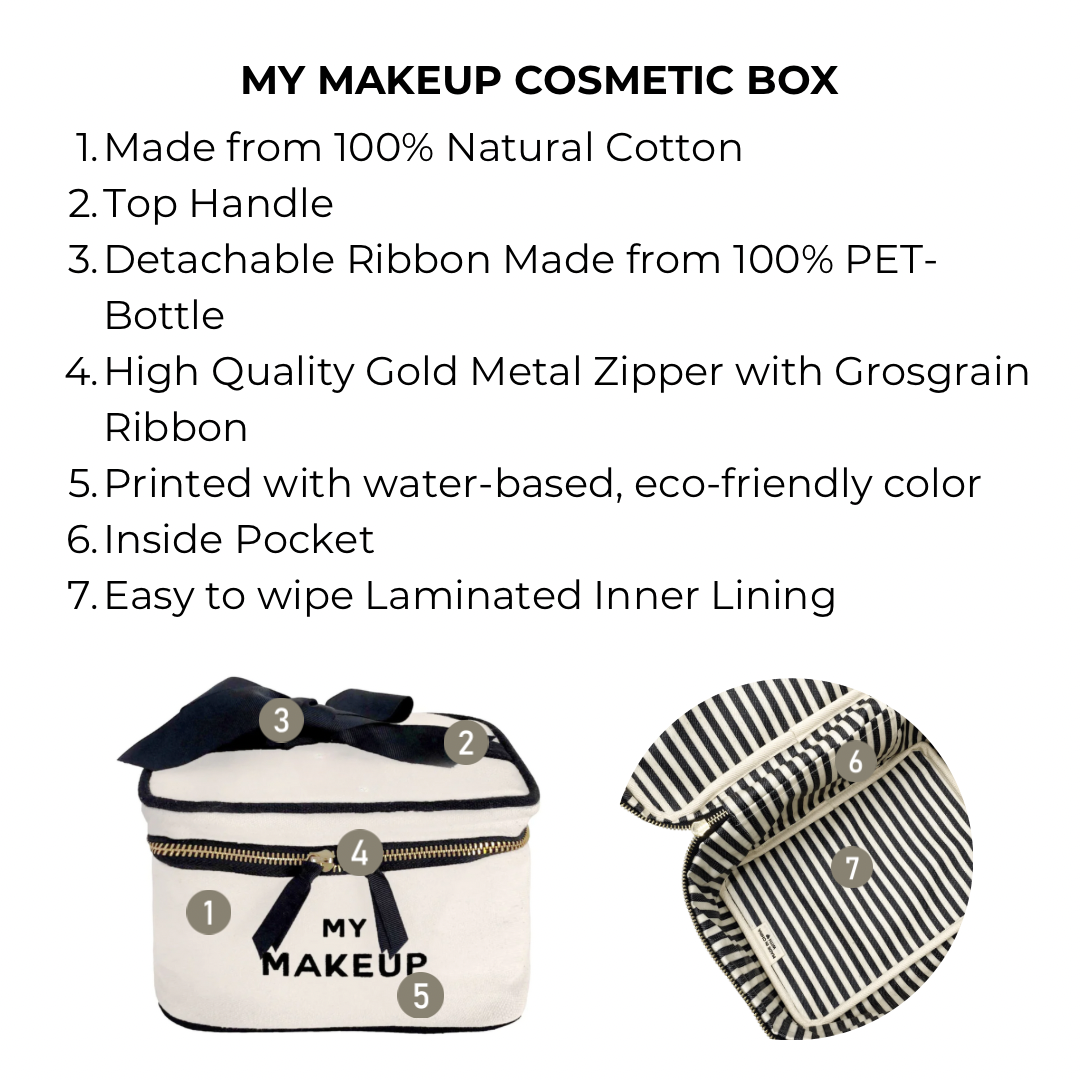 Bag-all My Makeup Cosmetic Box in cream cotton with gold zipper, black bow handle, striped waterproof interior and inside pocket - perfect for organizing beauty essentials