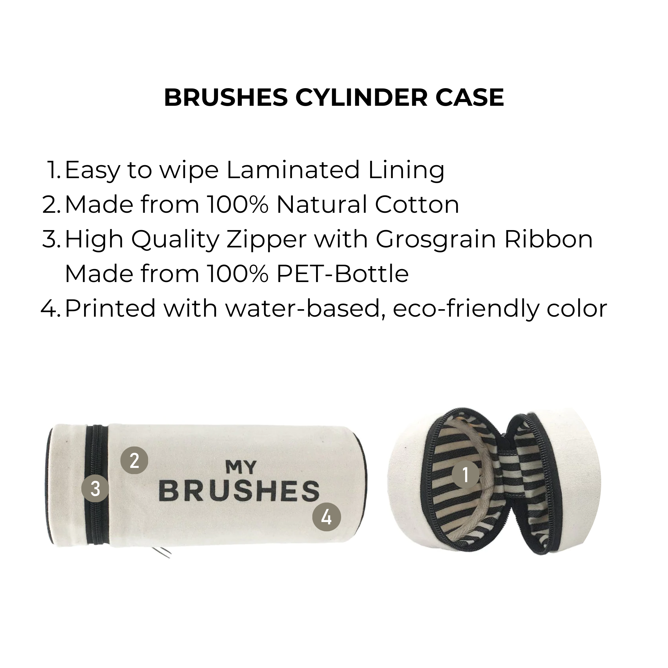 Bag-all Brushes Cylinder Case in cream - Eco-friendly cotton makeup brush organizer with striped lining and zipper closure, perfect for travel and vanity storage