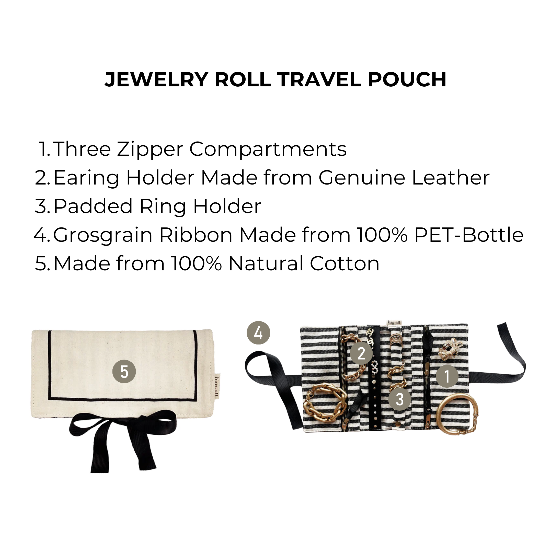 Bag-all Couture Jewelry Roll Medium Cream featuring three zipper compartments, striped cotton lining, leather earring holder and padded ring section, perfect for travel organization