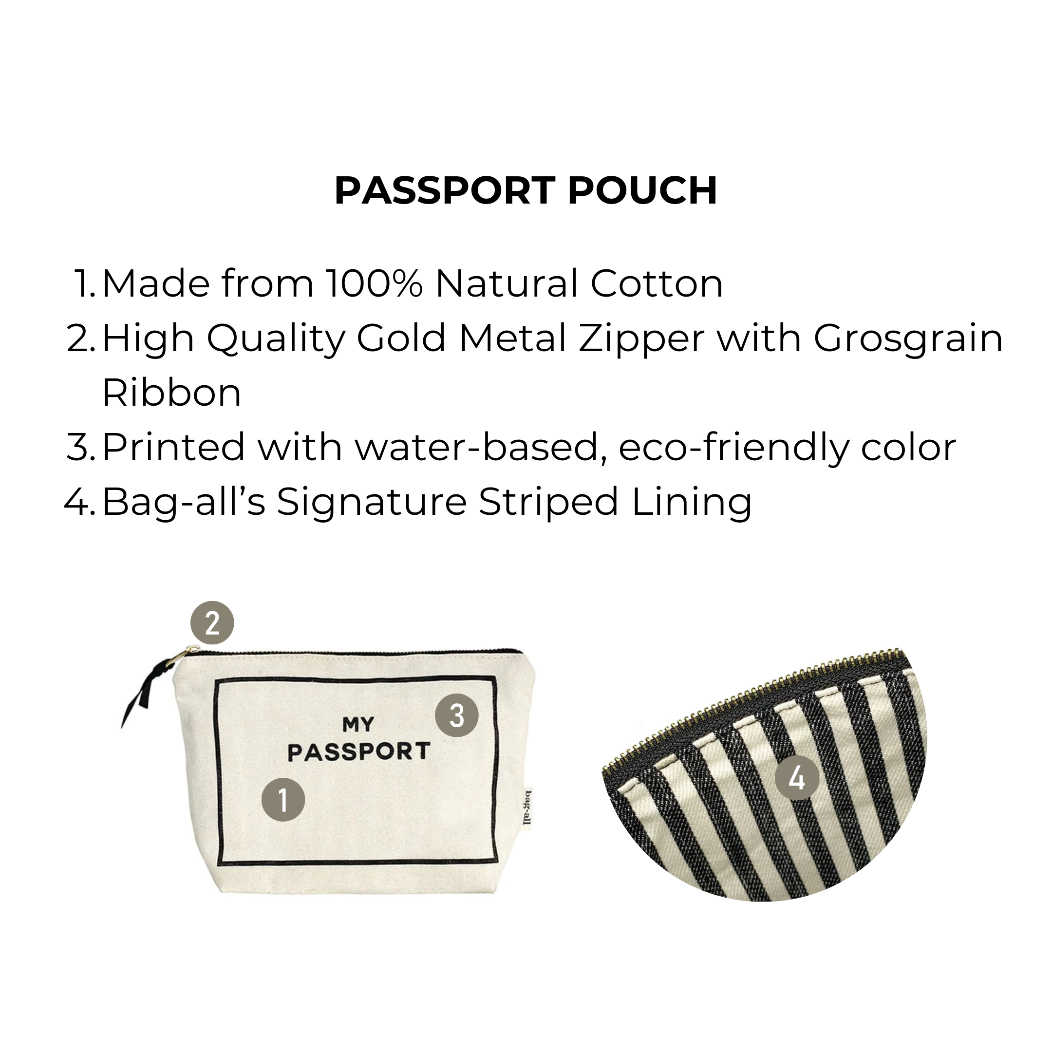 Carry On Essentials Deal Gift Set, 3-Pack Passport, Liquid & Makeup Organizer, Cream featuring a natural cotton passport pouch with gold zipper and striped lining by Bag-all.