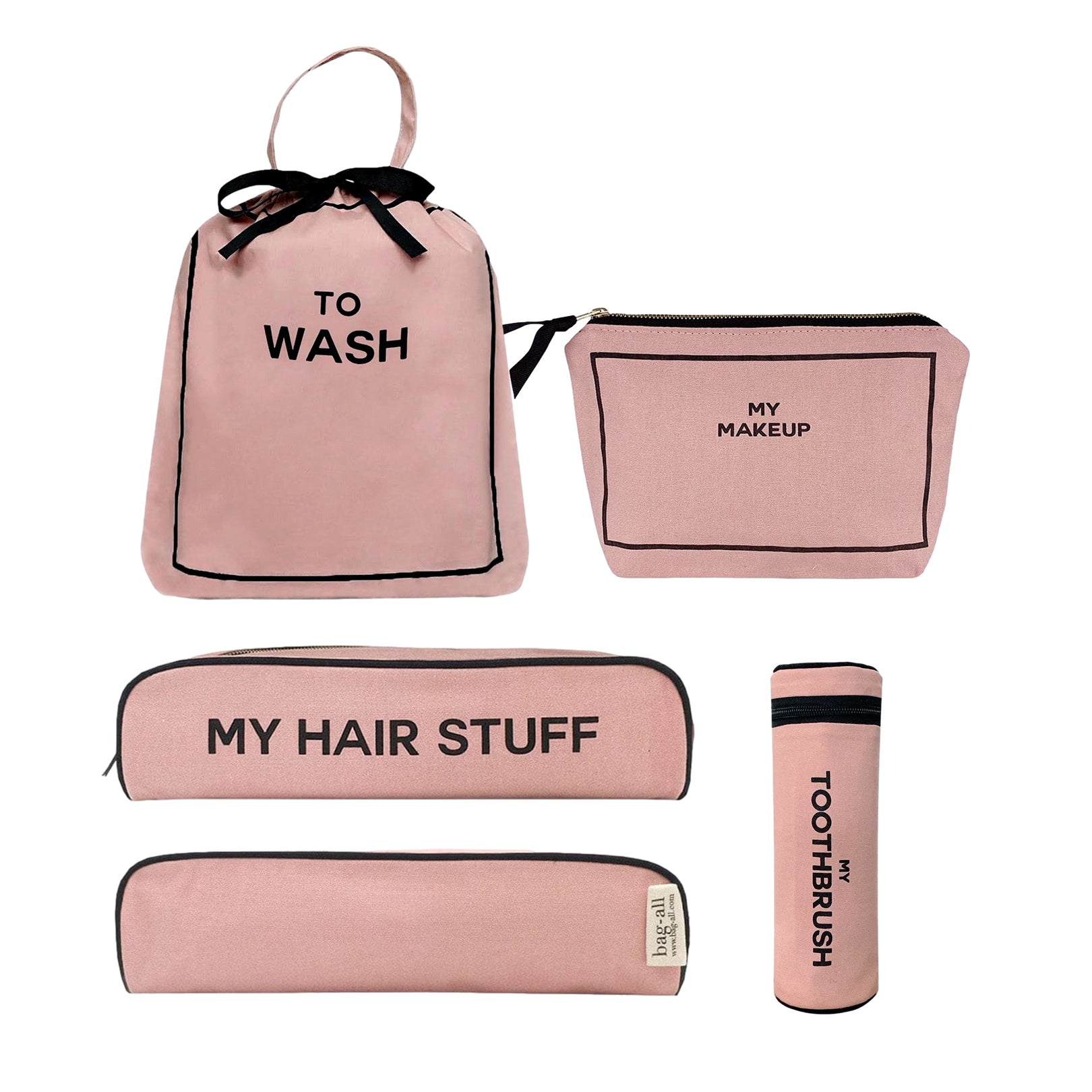Bag-all Best Deal Gift Set featuring pink cotton travel essentials: To Wash laundry bag, makeup pouch, hair stuff case, and toothbrush holder with striped lining