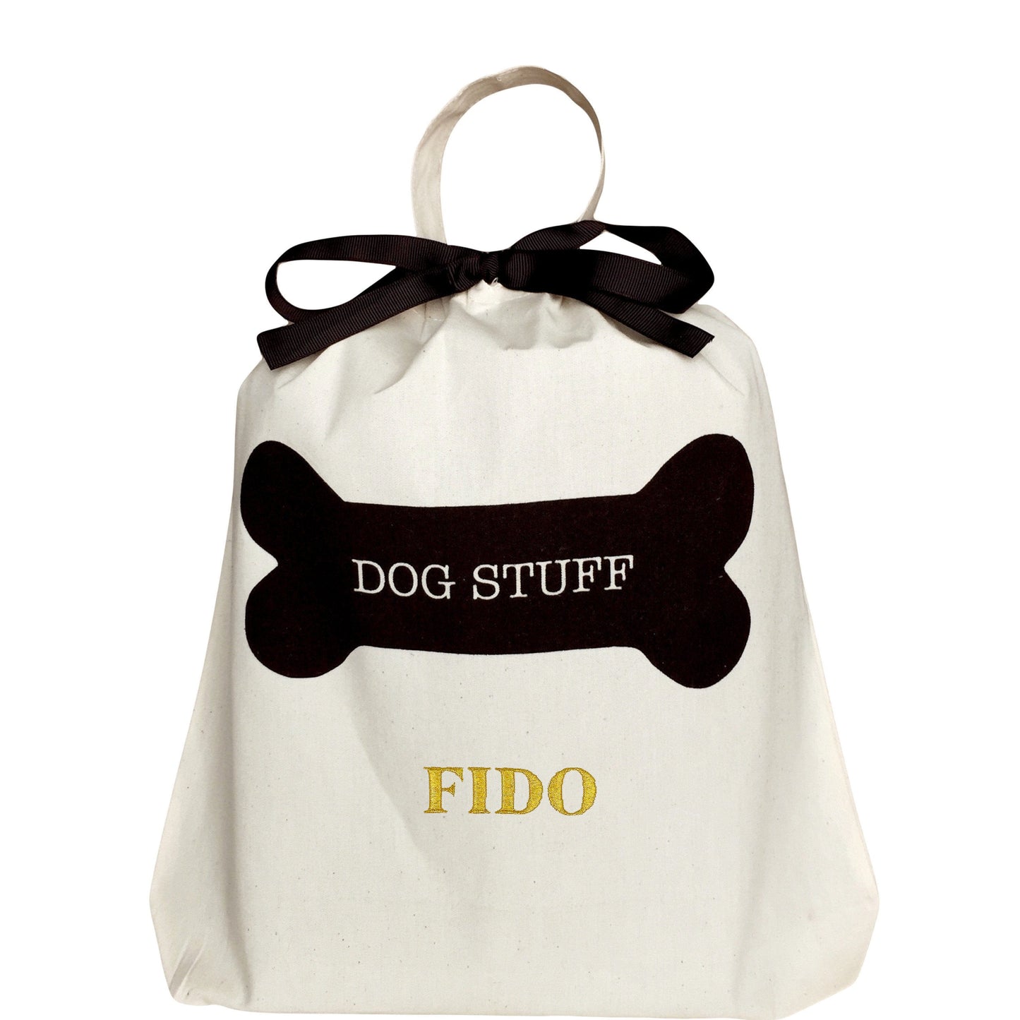 Bag-all cream cotton storage bag with black bone design and 'Dog Stuff' text, customizable with dog's name in gold lettering, featuring black ribbon bow