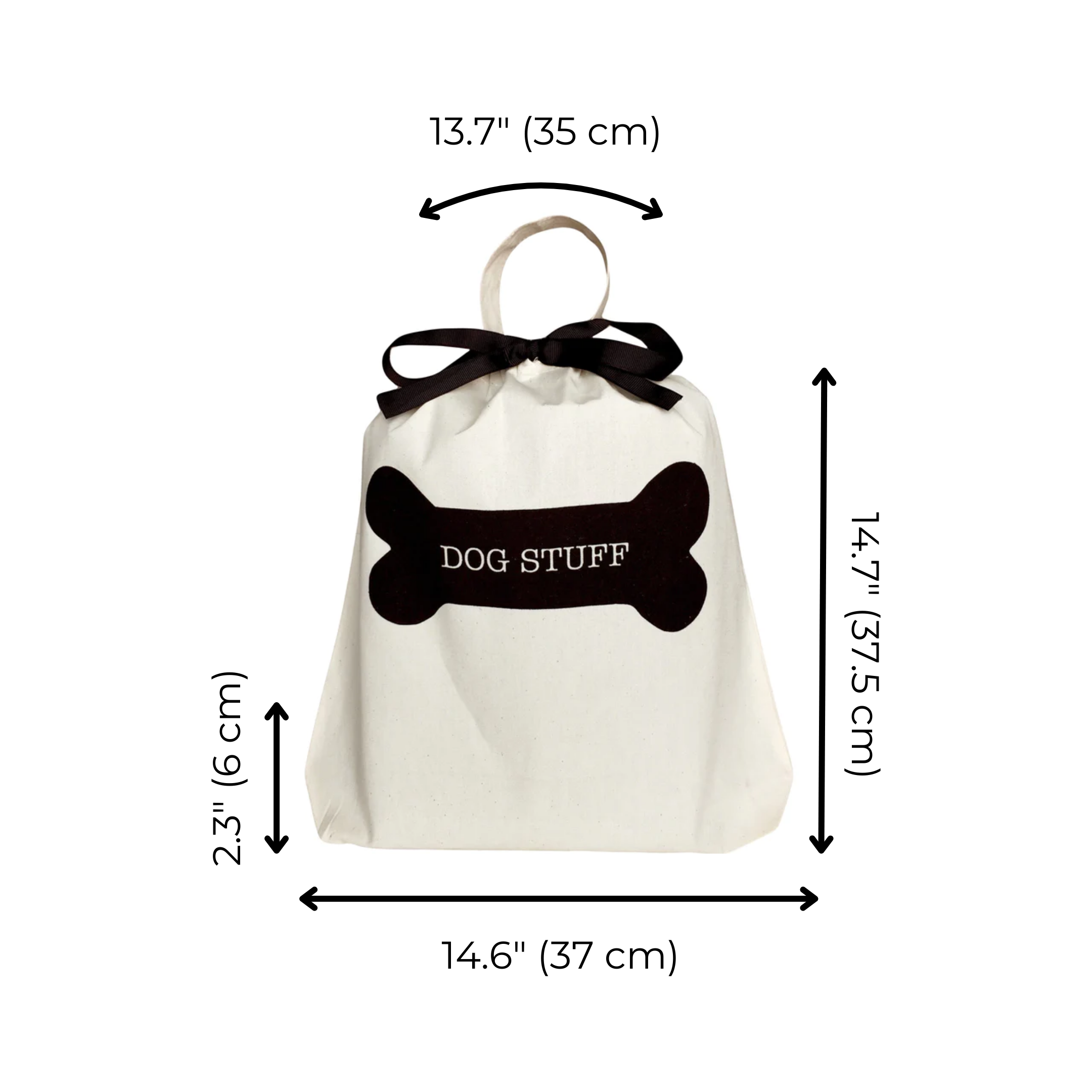 Bag-all Dog Stuff Bag in cream cotton with black bone design, black ribbon tie closure, and measurements shown. Perfect for organizing pet accessories.