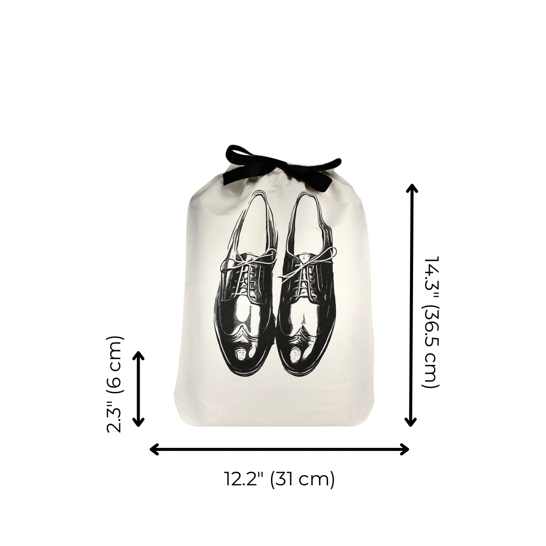 Bag-all Men's Shoe Bag in cream with classic oxford shoes print, featuring black drawstring closure and protective cotton fabric for elegant footwear storage