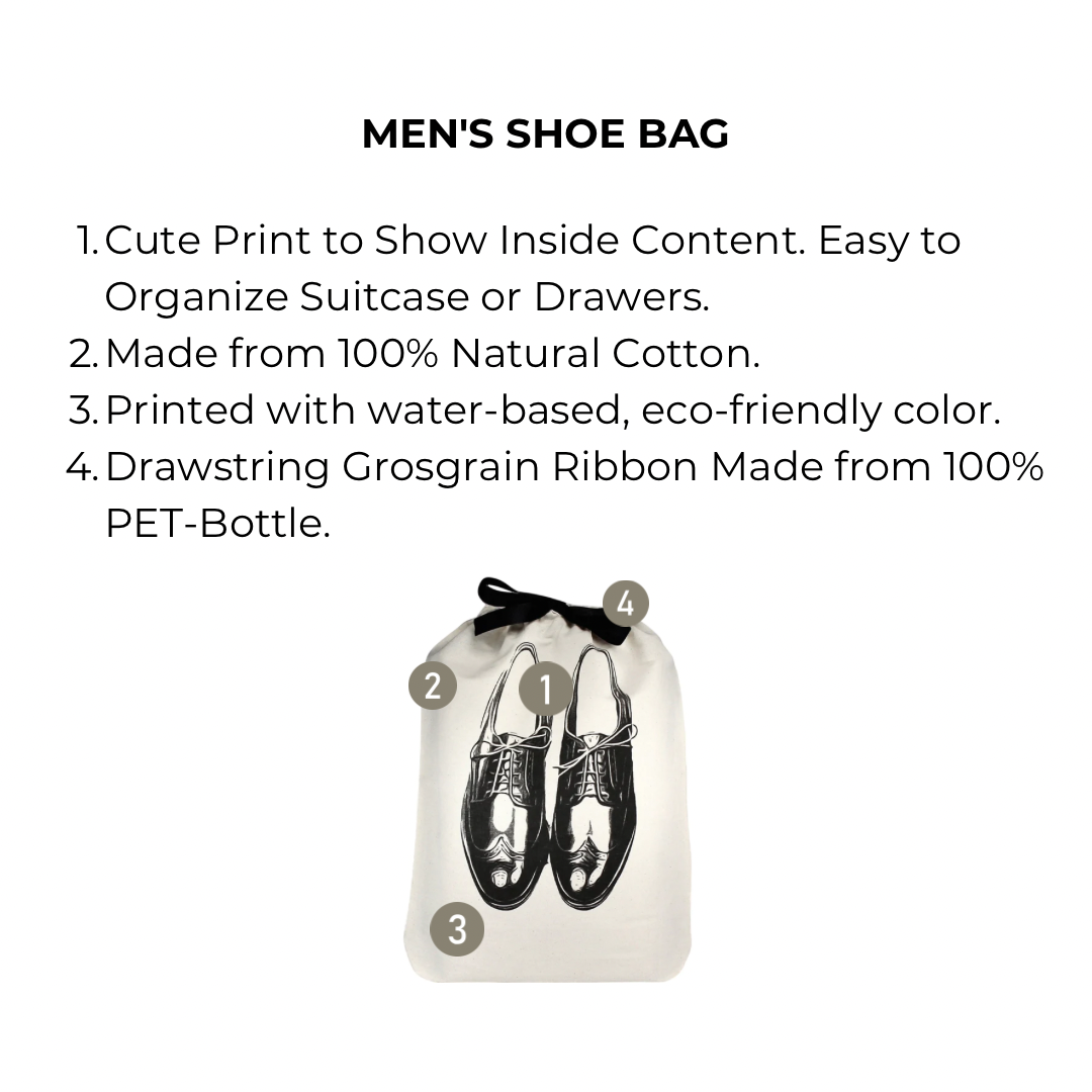 Bag-all Men's Shoe Bag in cream cotton with eco-friendly shoe print design, featuring recycled PET drawstring closure, perfect for travel and closet organization