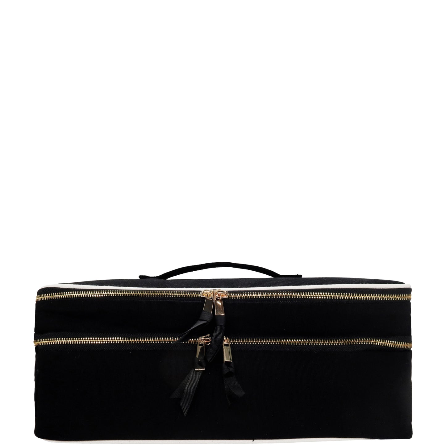 Black Bag-all double hair tools travel case with gold zippers and top handle on white background