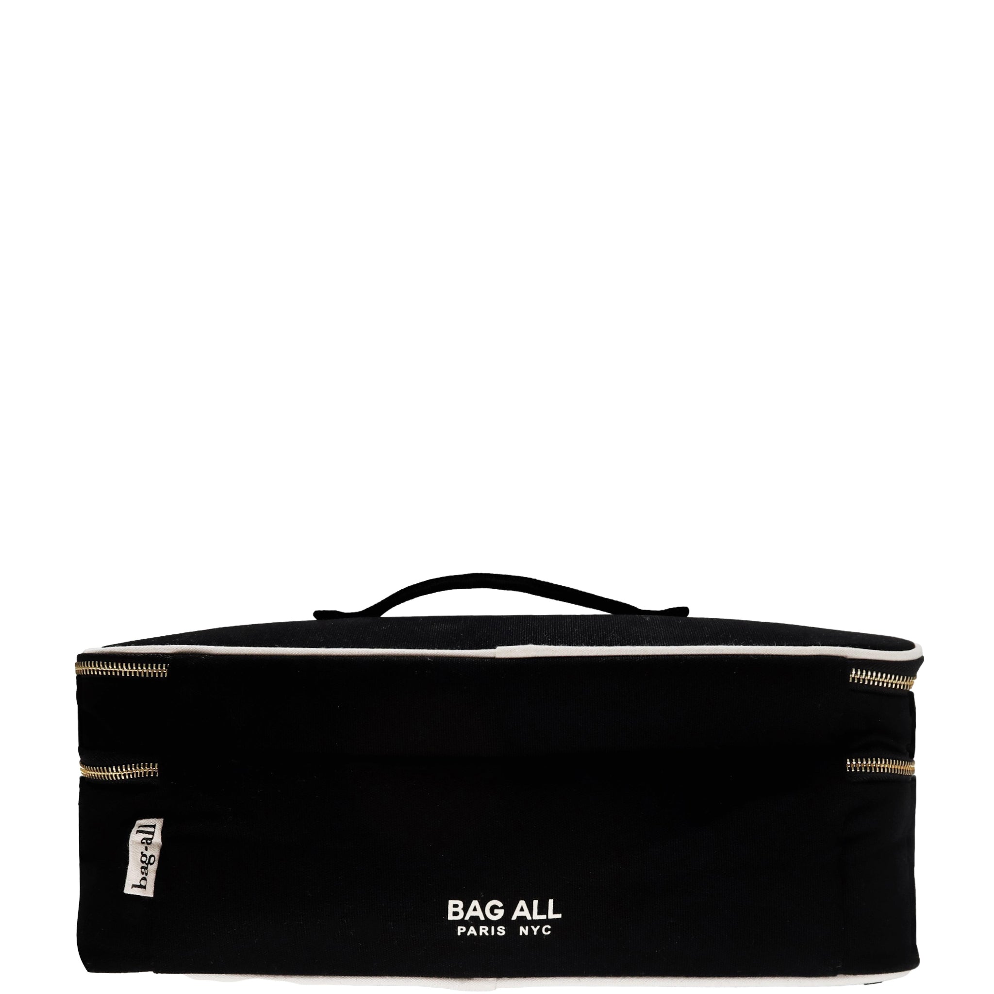 Black Bag-all Double Hair Tools Travel Case with handle and white logo on front against white background