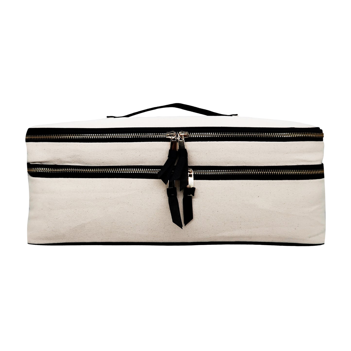 Bag-all Double Hair Tools Travel Case in cream canvas with black zippers and handle, featuring dual compartments for Dyson Airwrap and styling tools storage