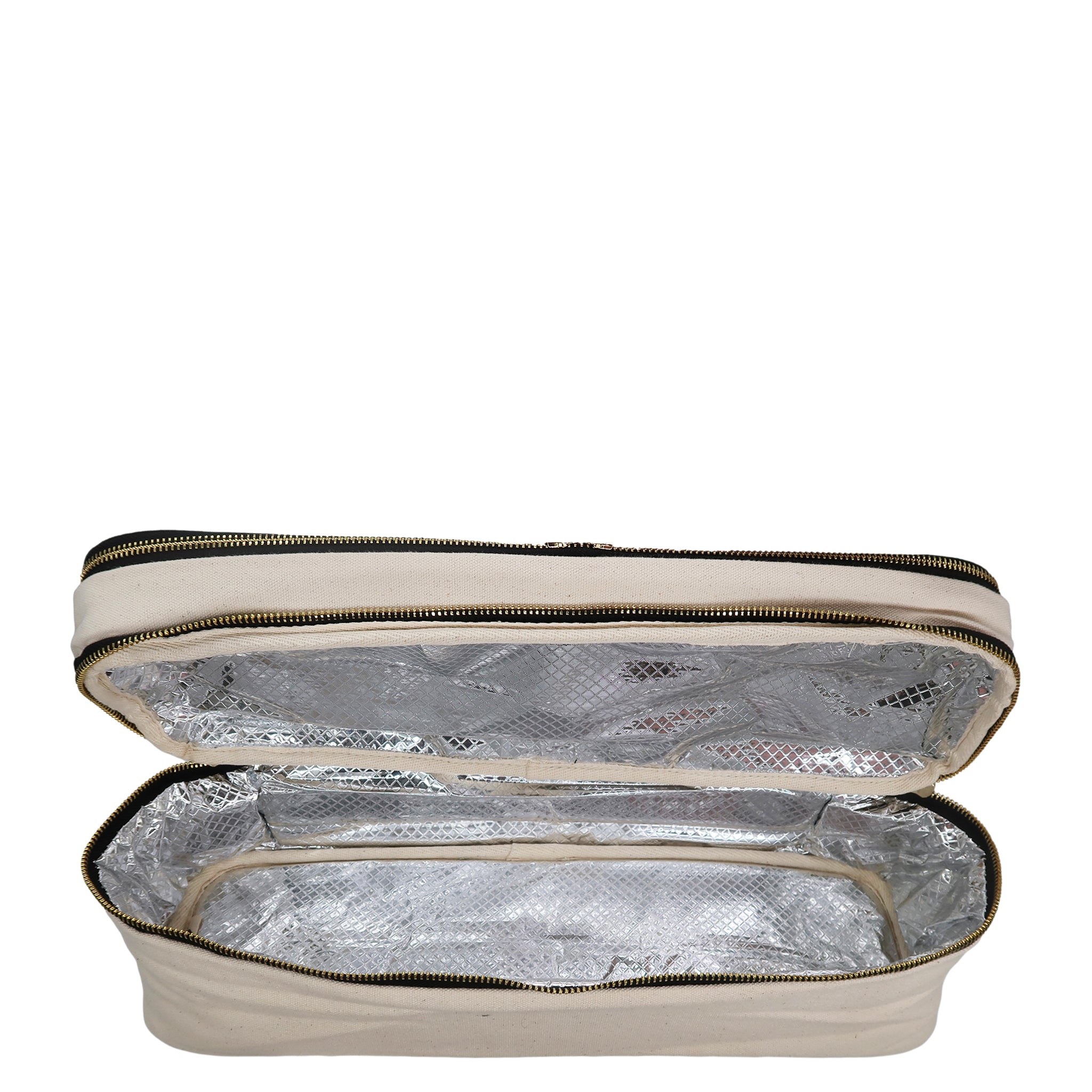 Open cream Bag-all Double Hair Tools Travel Case showing silver insulated interior and black zipper details