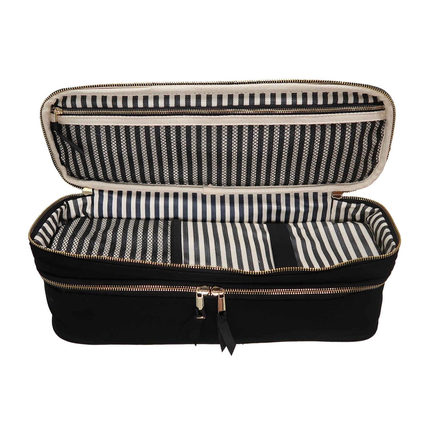 Bag-all Double Hair Tools Travel Case in black with striped interior lining, dual compartments, heat-protective bottom, and secure bands for Dyson Airwrap storage