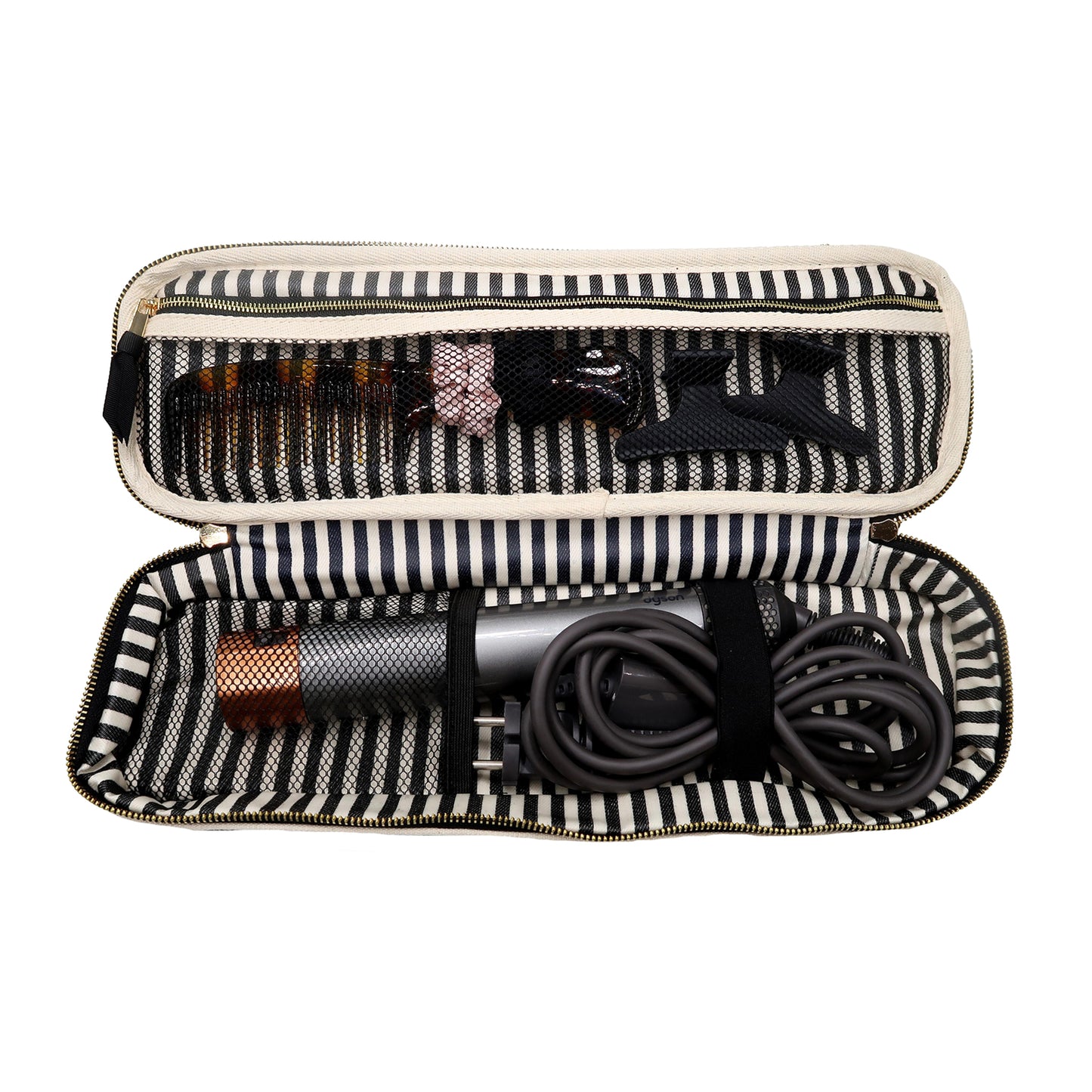 Bag-all Double Hair Tools Travel Case in cream with striped interior, featuring compartments for Dyson Airwrap and accessories, heat-protective lining, and storage pockets for organizing hair styling tools