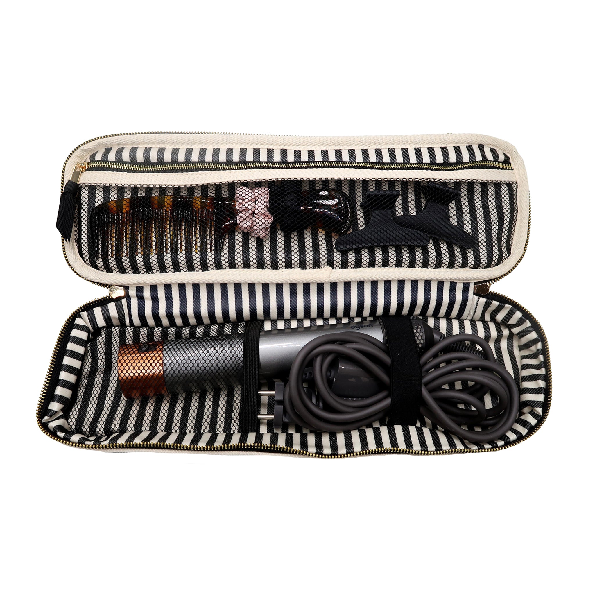 Bag-all Double Hair Tools Travel Case in cream with striped interior, featuring compartments for Dyson Airwrap and accessories, heat-protective lining, and storage pockets for organizing hair styling tools