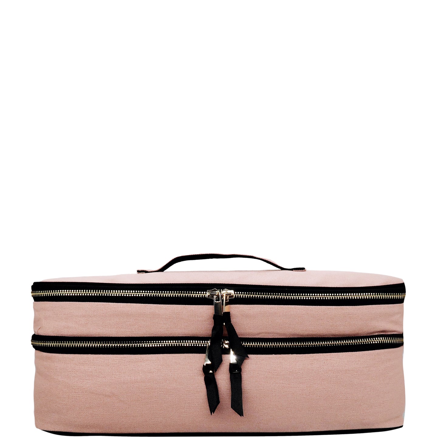 Pink blush Bag-all double hair tools travel case with black zippers and handle on white background