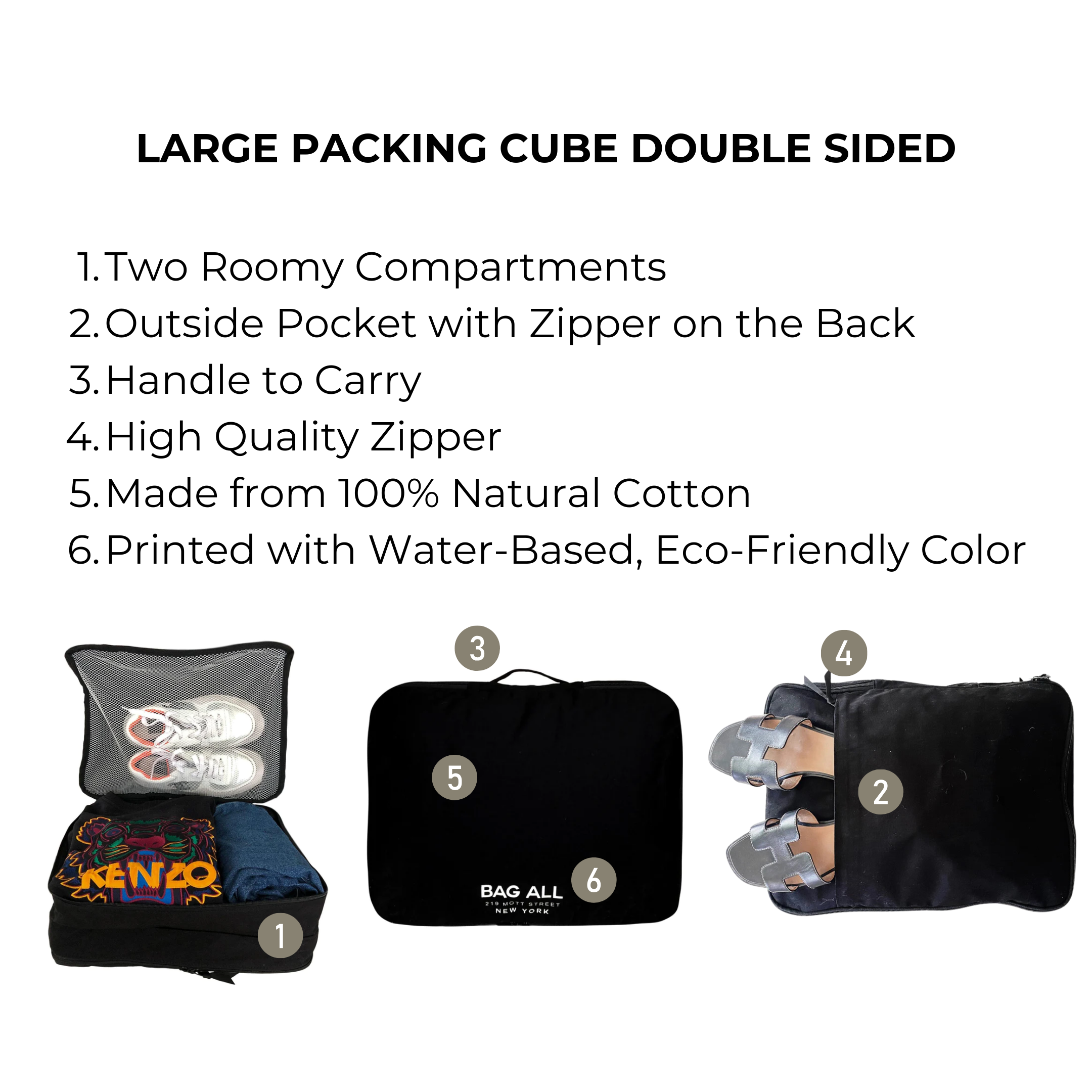 Bag-all Large Packing Cube Double Sided Black with dual compartments, shoe pocket, and carry handle. Made from natural cotton, featuring eco-friendly print and quality zippers for organized travel.
