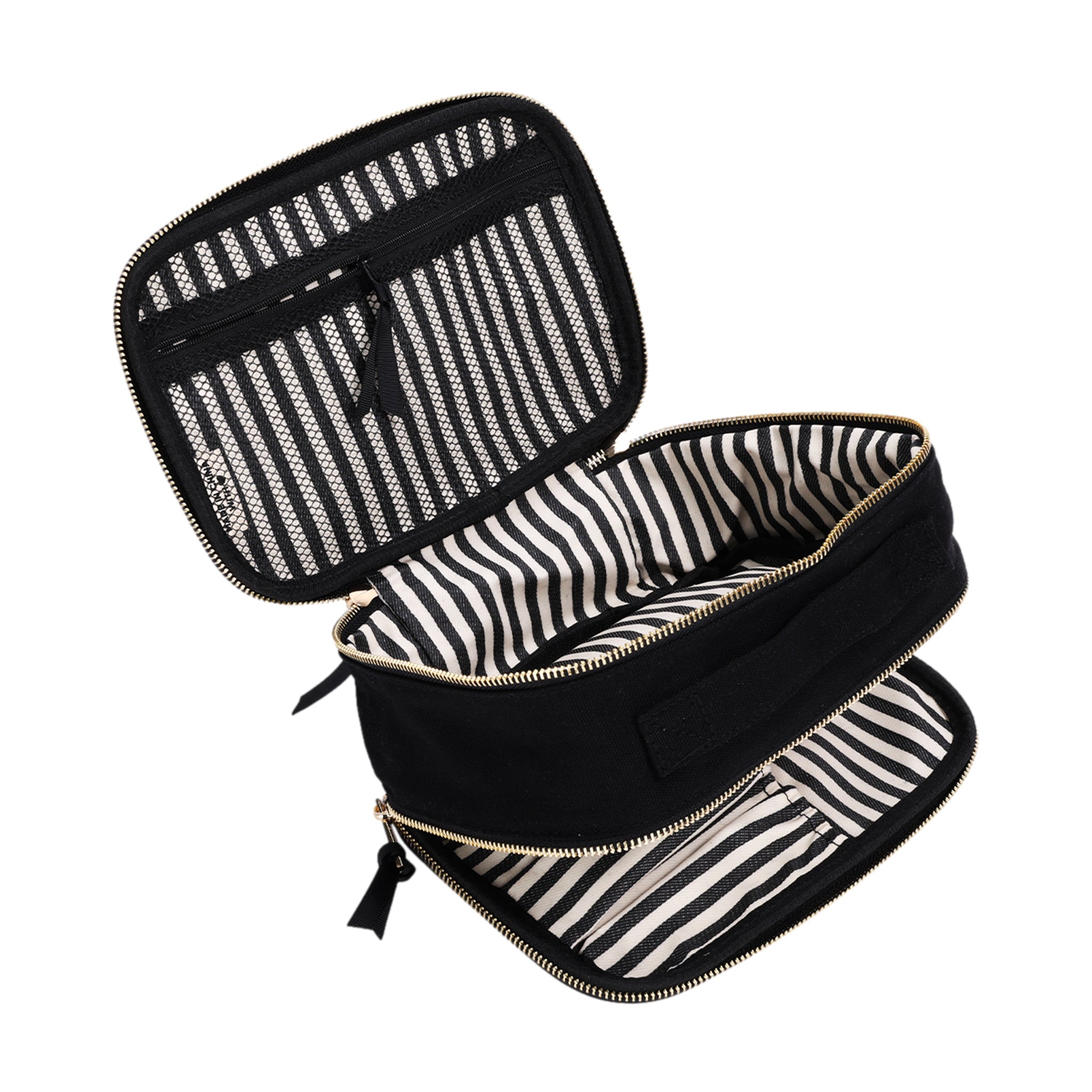 Open black double-sided Bag-all case with striped interior shown on white background