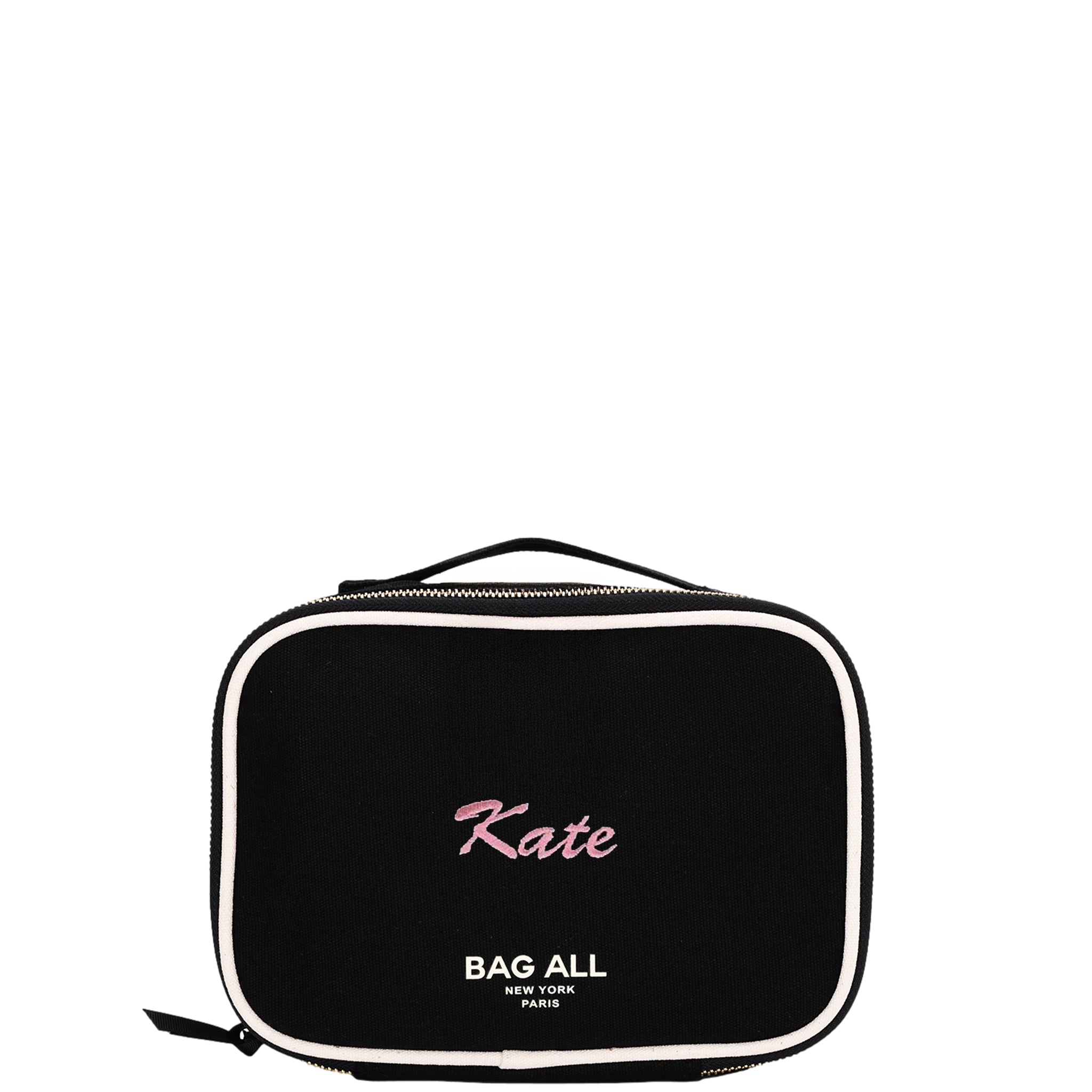 Black Bag-all double-sided case with white trim and personalized pink "Kate" embroidery on front