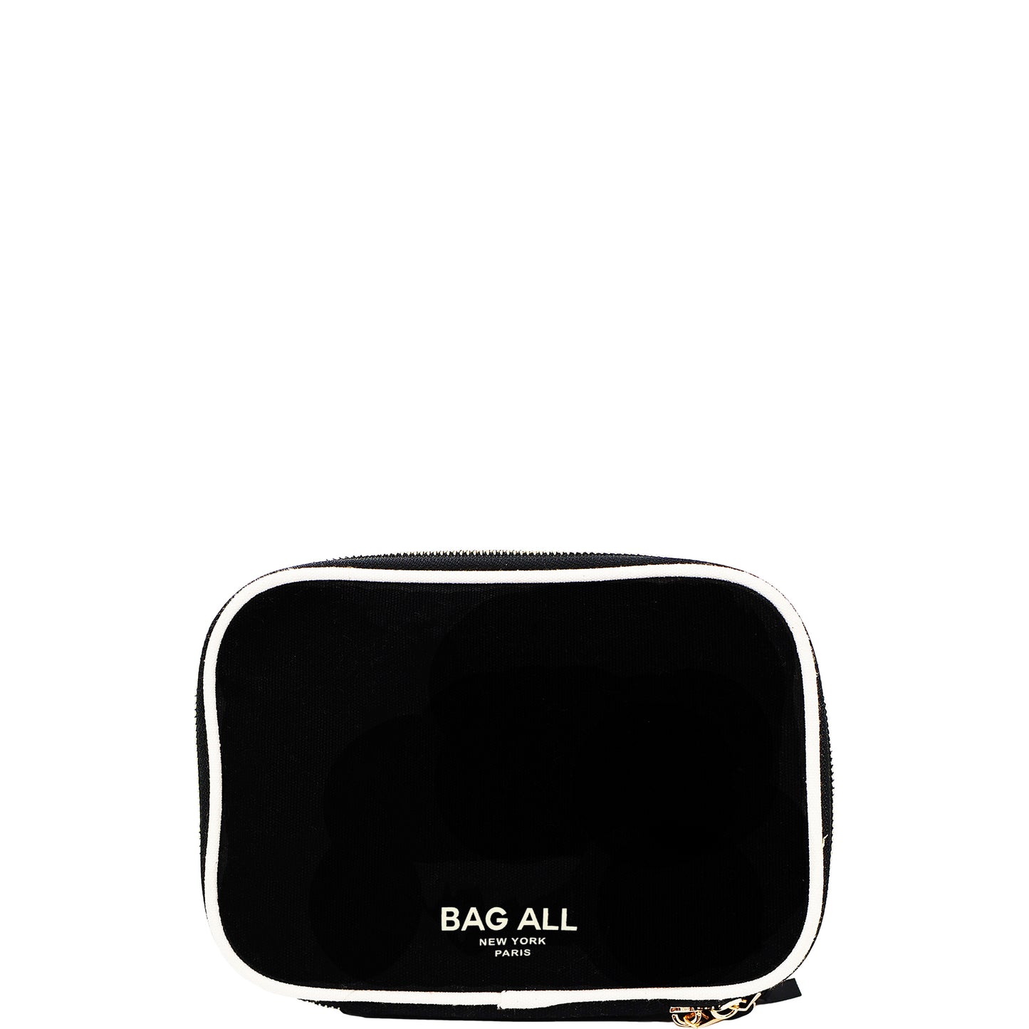 Bag-all Double Sided Toiletry Case in Black with white trim, featuring dual compartments, waterproof interior, metal zippers, and carrying handle for travel organization